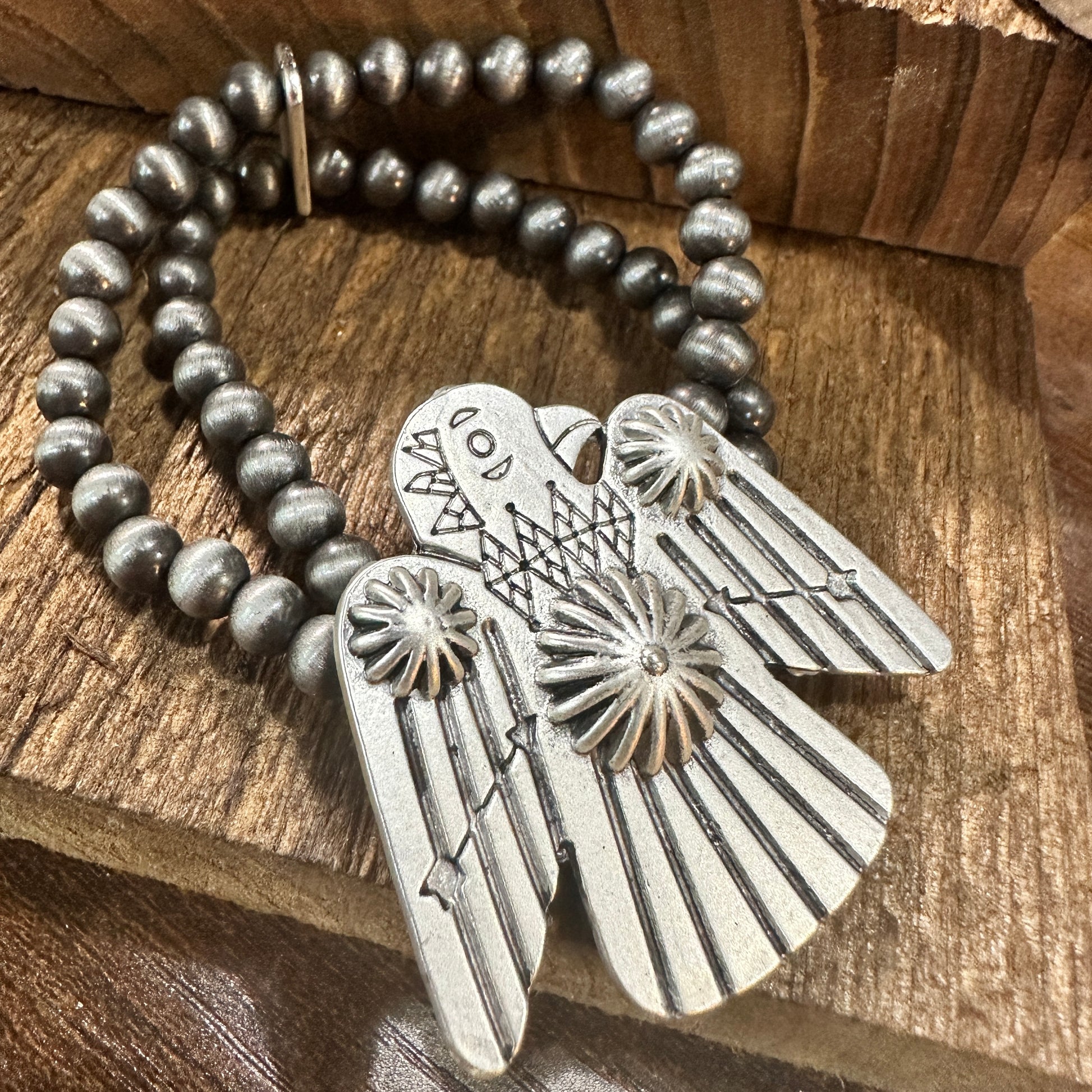 Navajo Thunderbird Beaded Stretch Bracelet, Native American Bold Style, Ships in Gift Box Silver Elegant