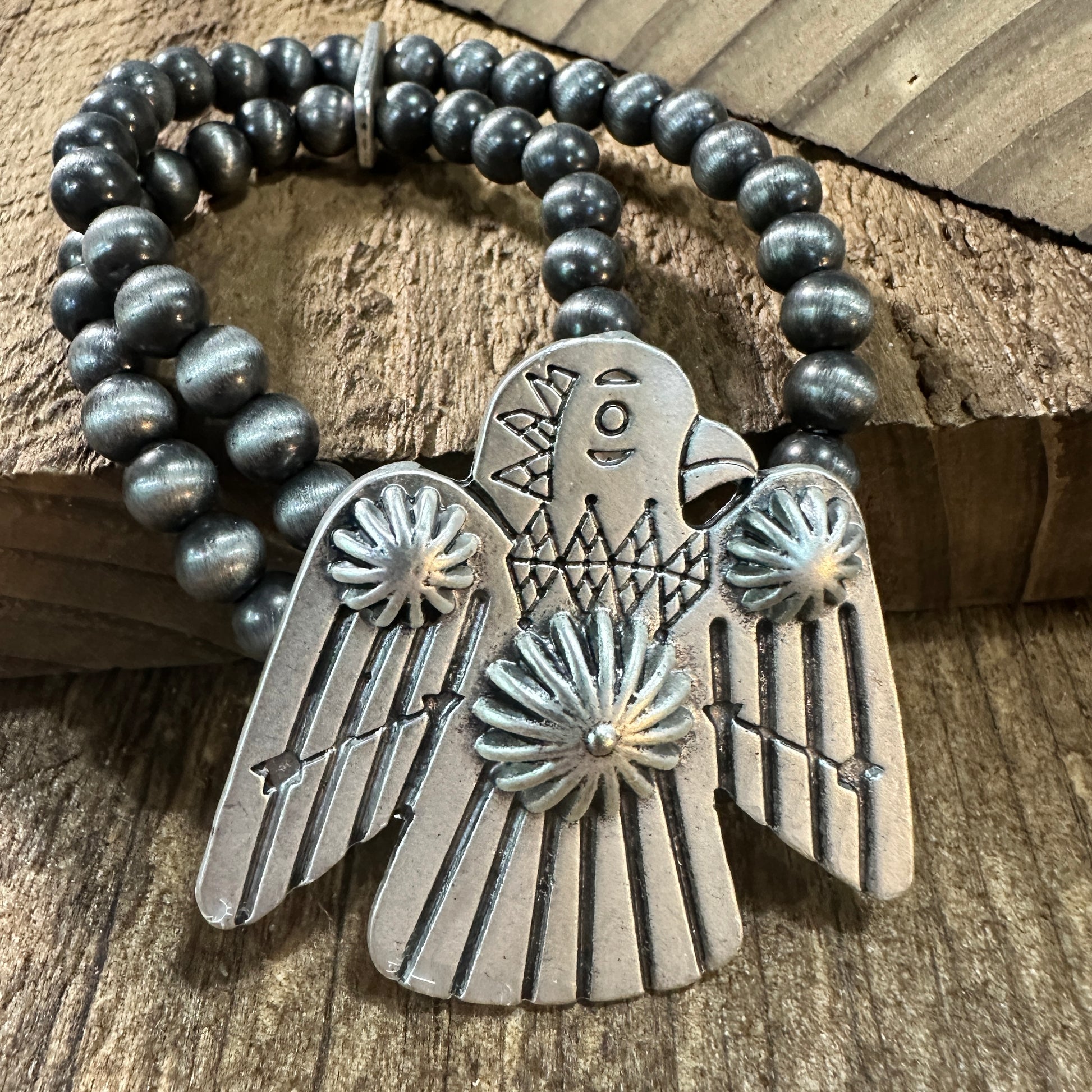 Navajo Thunderbird Beaded Stretch Bracelet, Native American Bold Style, Ships in Gift Box Silver Elegant