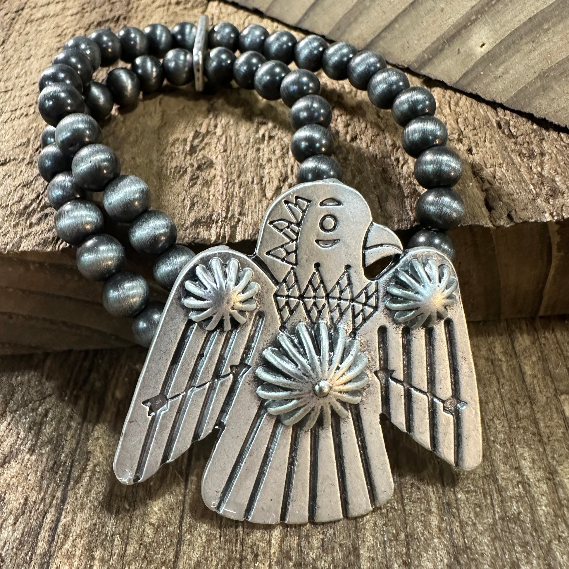 Navajo Thunderbird Beaded Stretch Bracelet, Native American Bold Style, Ships in Gift Box Silver Elegant