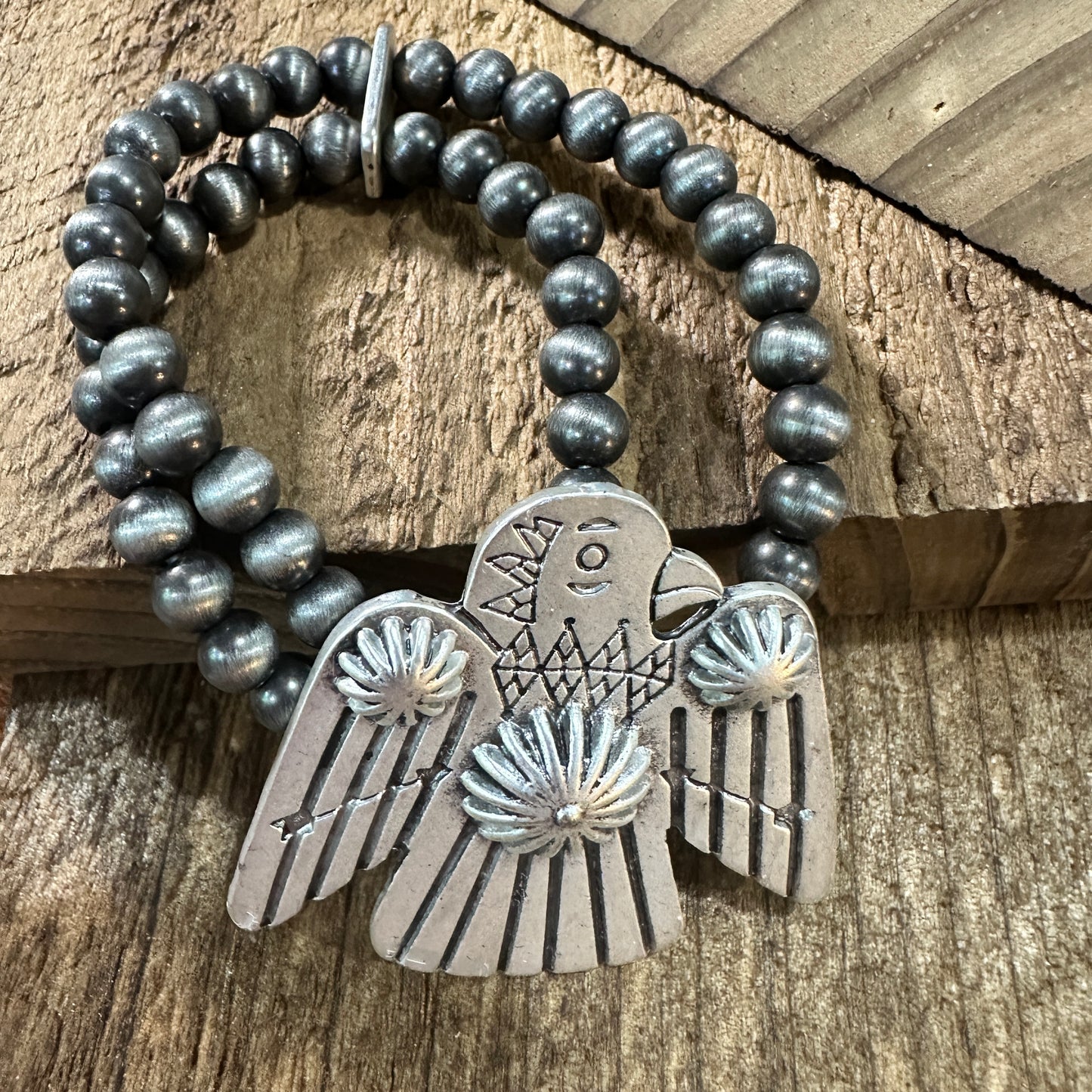 Navajo Thunderbird Beaded Stretch Bracelet, Native American Bold Style, Ships in Gift Box Silver Elegant