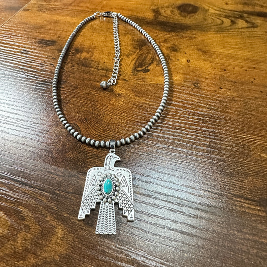 Navajo Style Thunderbird Turquoise 4mm Beaded Silver Tone Pendant Necklace Silver Elegant