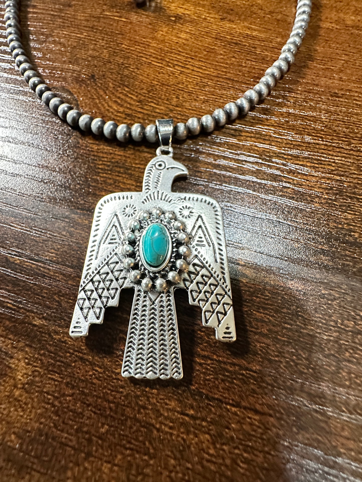 Navajo Style Thunderbird Turquoise 4mm Beaded Silver Tone Pendant Necklace Silver Elegant