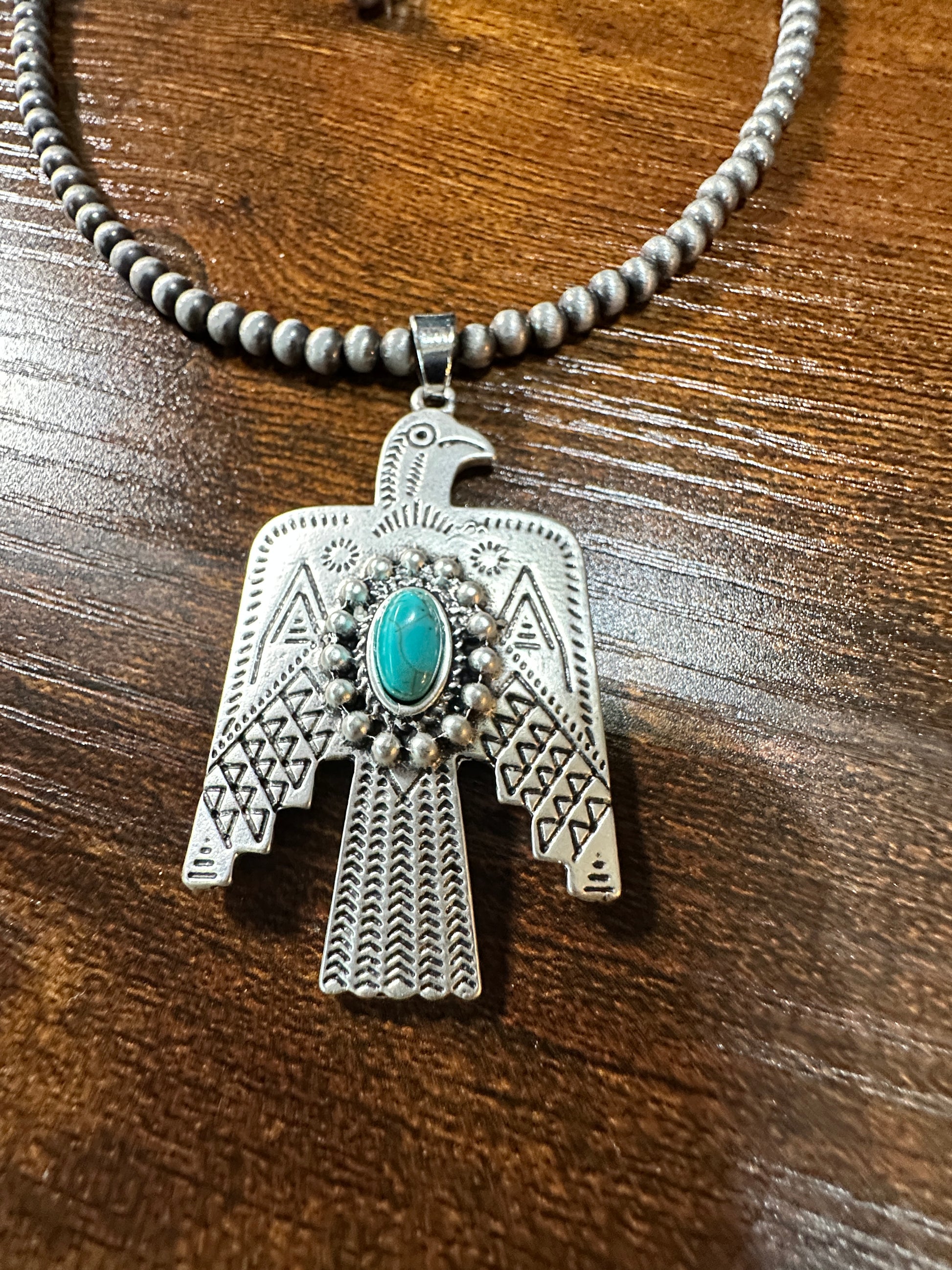 Navajo Style Thunderbird Turquoise 4mm Beaded Silver Tone Pendant Necklace Silver Elegant