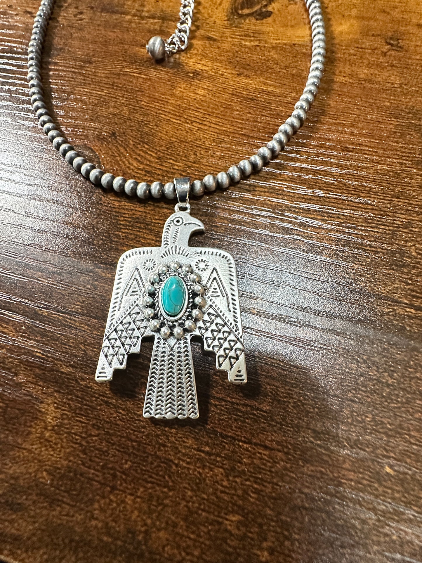 Navajo Style Thunderbird Turquoise 4mm Beaded Silver Tone Pendant Necklace Silver Elegant