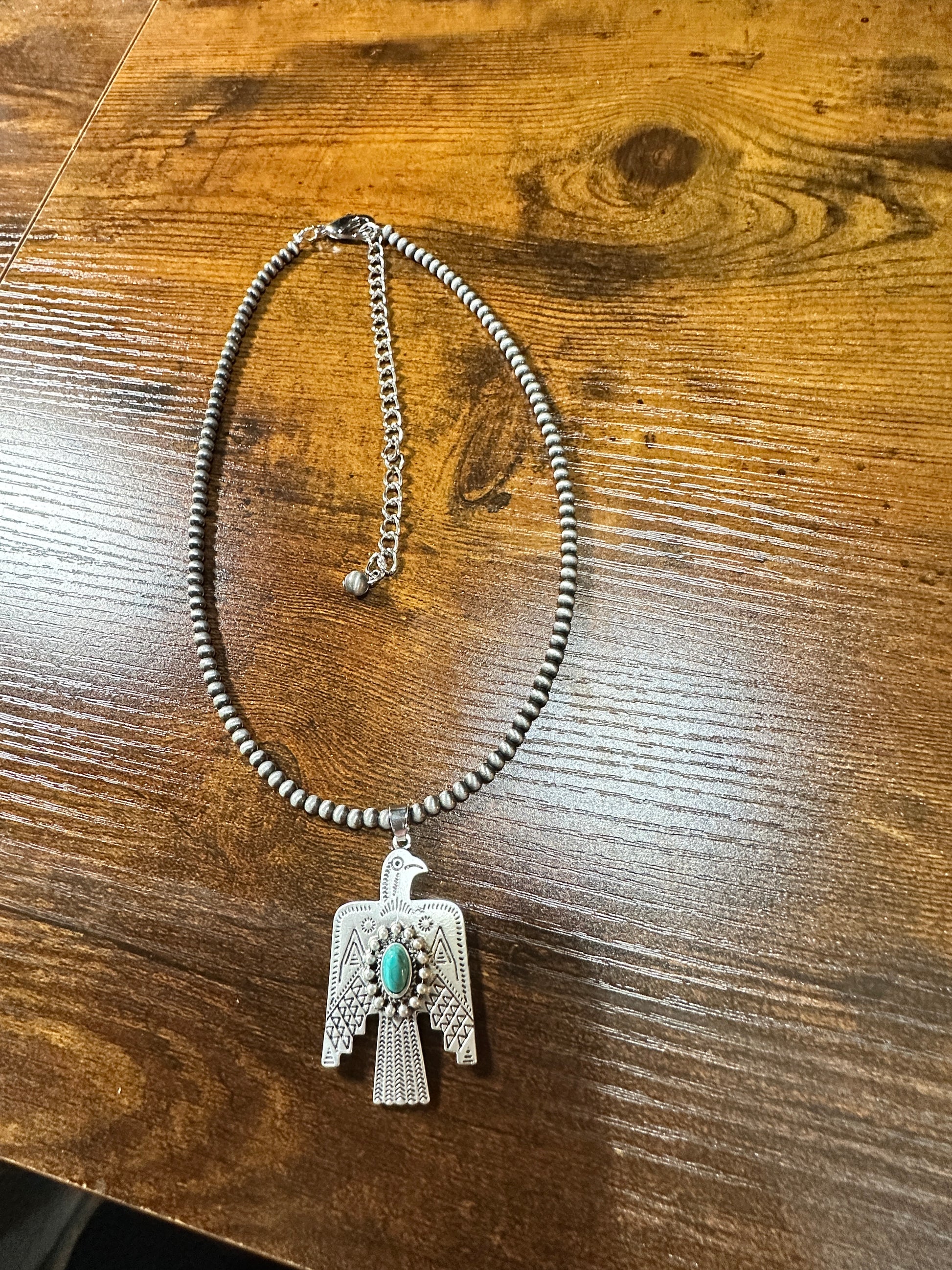 Navajo Style Thunderbird Turquoise 4mm Beaded Silver Tone Pendant Necklace Silver Elegant