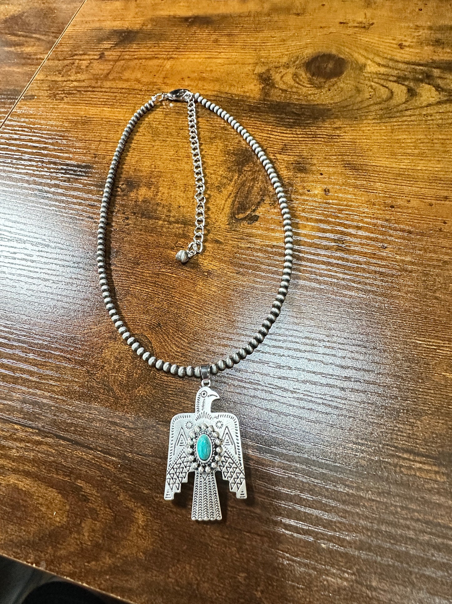 Navajo Style Thunderbird Turquoise 4mm Beaded Silver Tone Pendant Necklace Silver Elegant