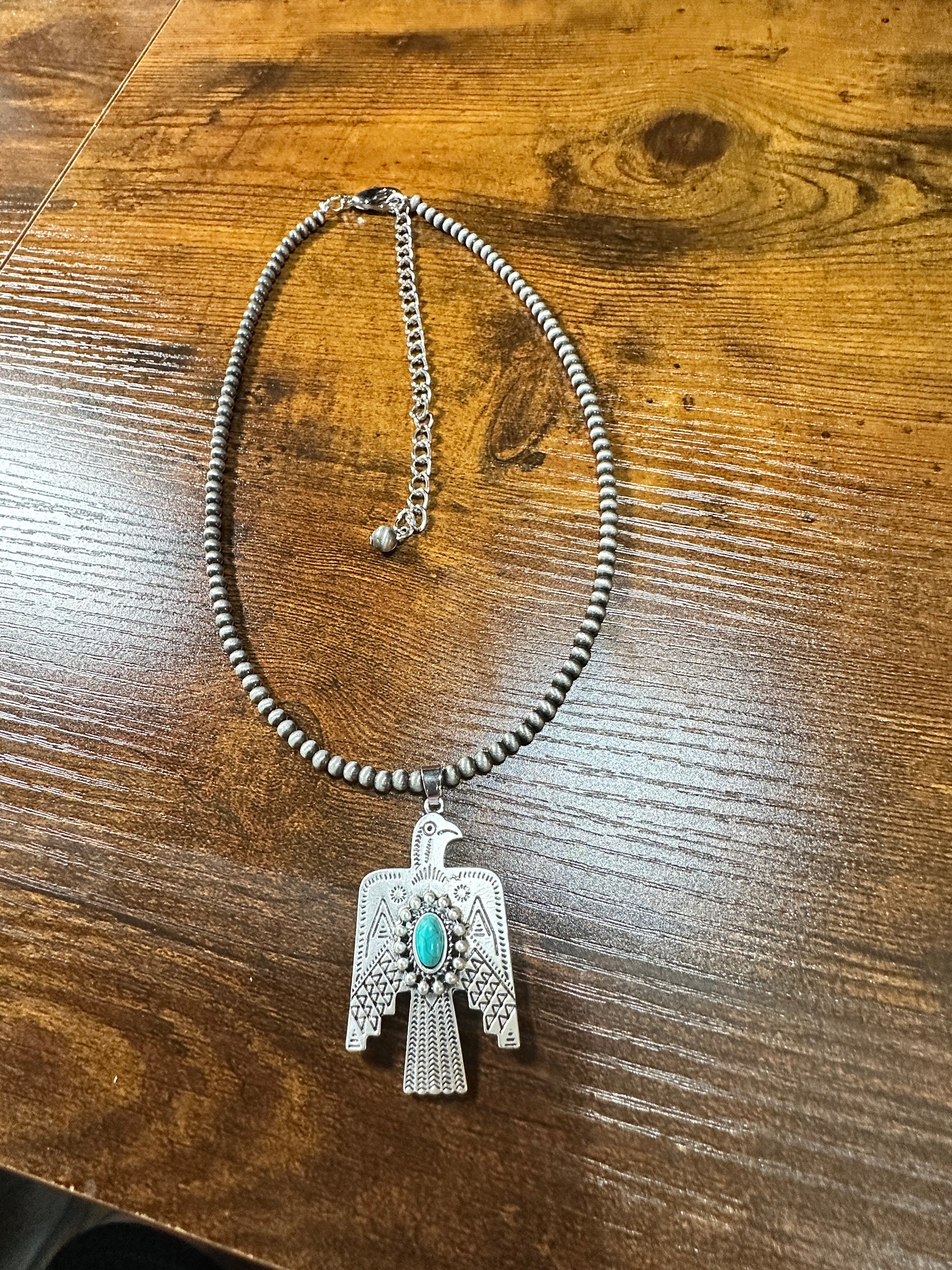 Navajo Style Thunderbird Turquoise 4mm Beaded Silver Tone Pendant Necklace Silver Elegant