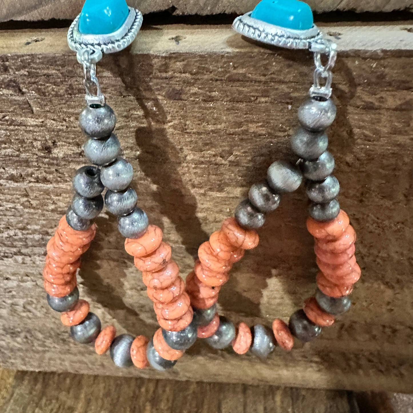 Handmade Navajo Style Bead Post Earrings - Turquoise Charm, Southwestern Hoop Earring Silver Elegant