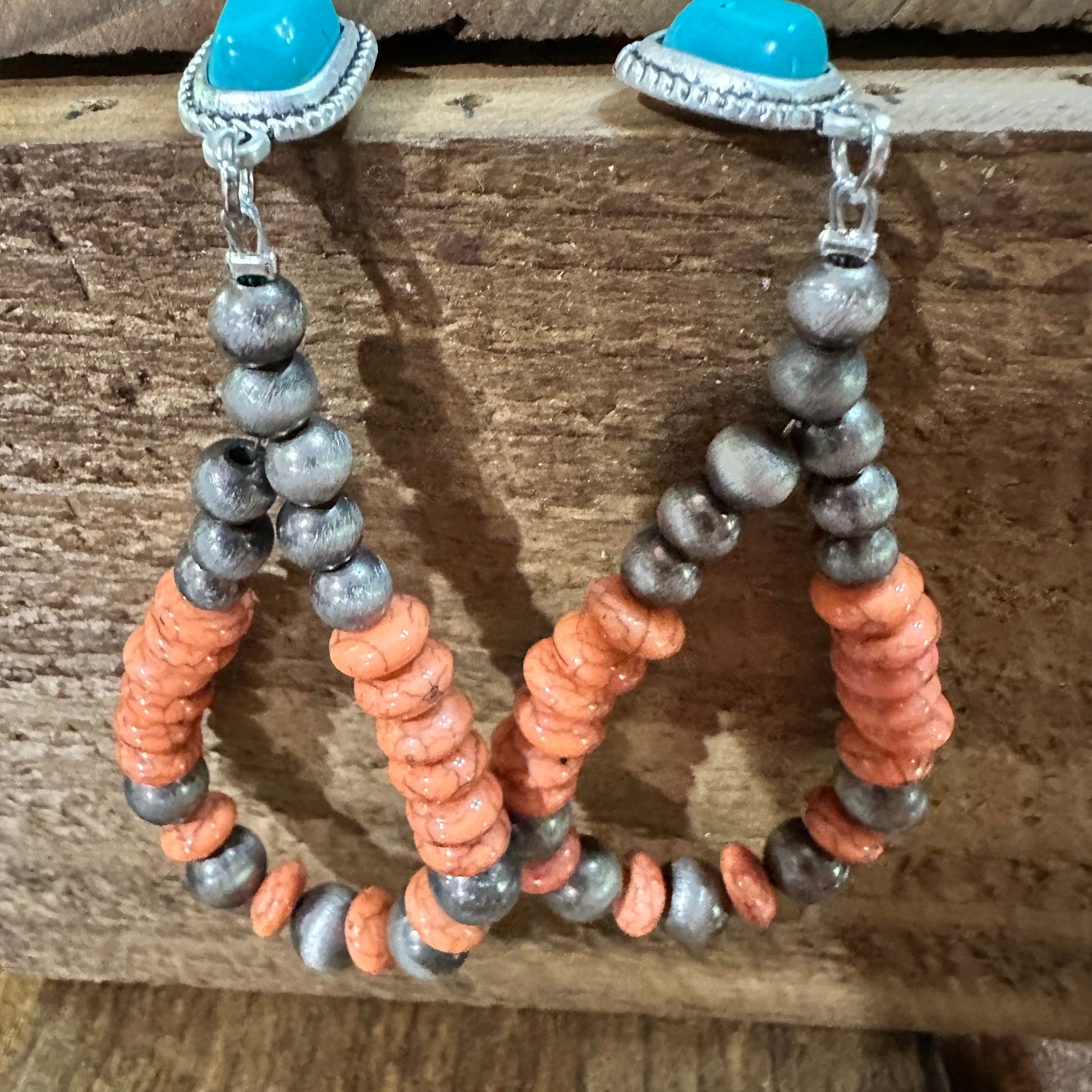 Handmade Navajo Style Bead Post Earrings - Turquoise Charm, Southwestern Hoop Earring Silver Elegant