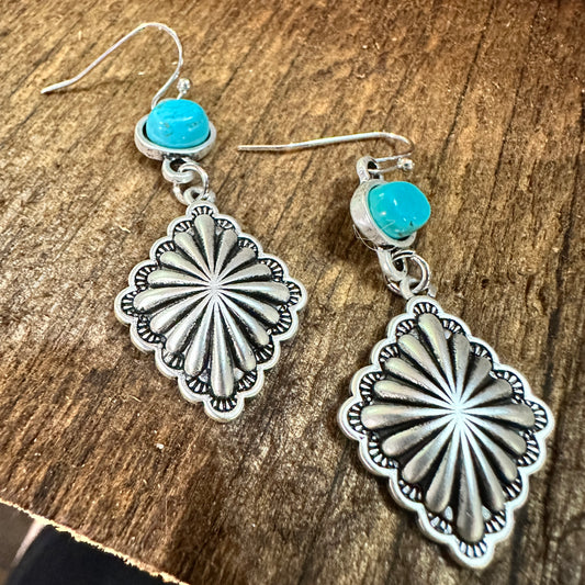 Concho Turquoise Drop Earrings, Southwestern Chic Design, Ships in Gift Box Silver Elegant