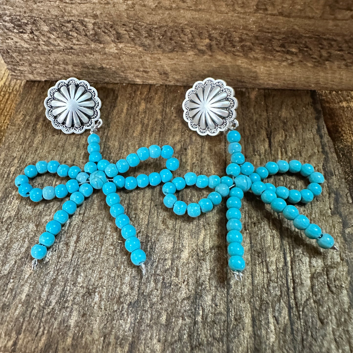 Handmade Ribbon Bow Post Earrings with Turquoise Beads, Western Boho, Ships in Gift Box Silver Elegant
