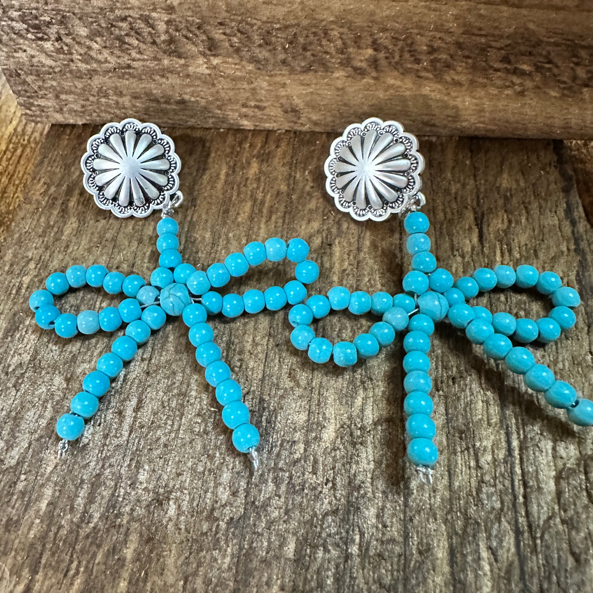 Handmade Ribbon Bow Post Earrings with Turquoise Beads, Western Boho, Ships in Gift Box Silver Elegant