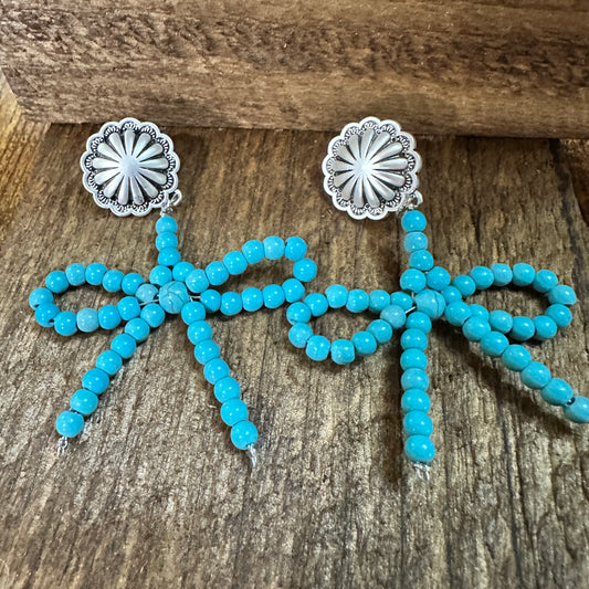 Handmade Ribbon Bow Post Earrings with Turquoise Beads, Western Boho, Ships in Gift Box Silver Elegant