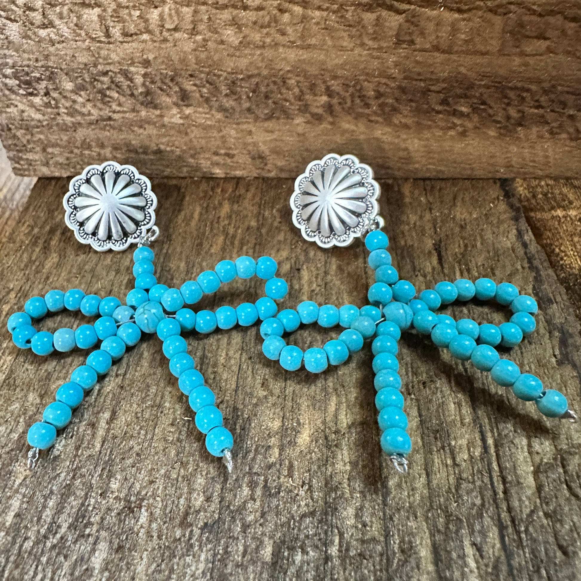 Handmade Ribbon Bow Post Earrings with Turquoise Beads, Western Boho, Ships in Gift Box Silver Elegant