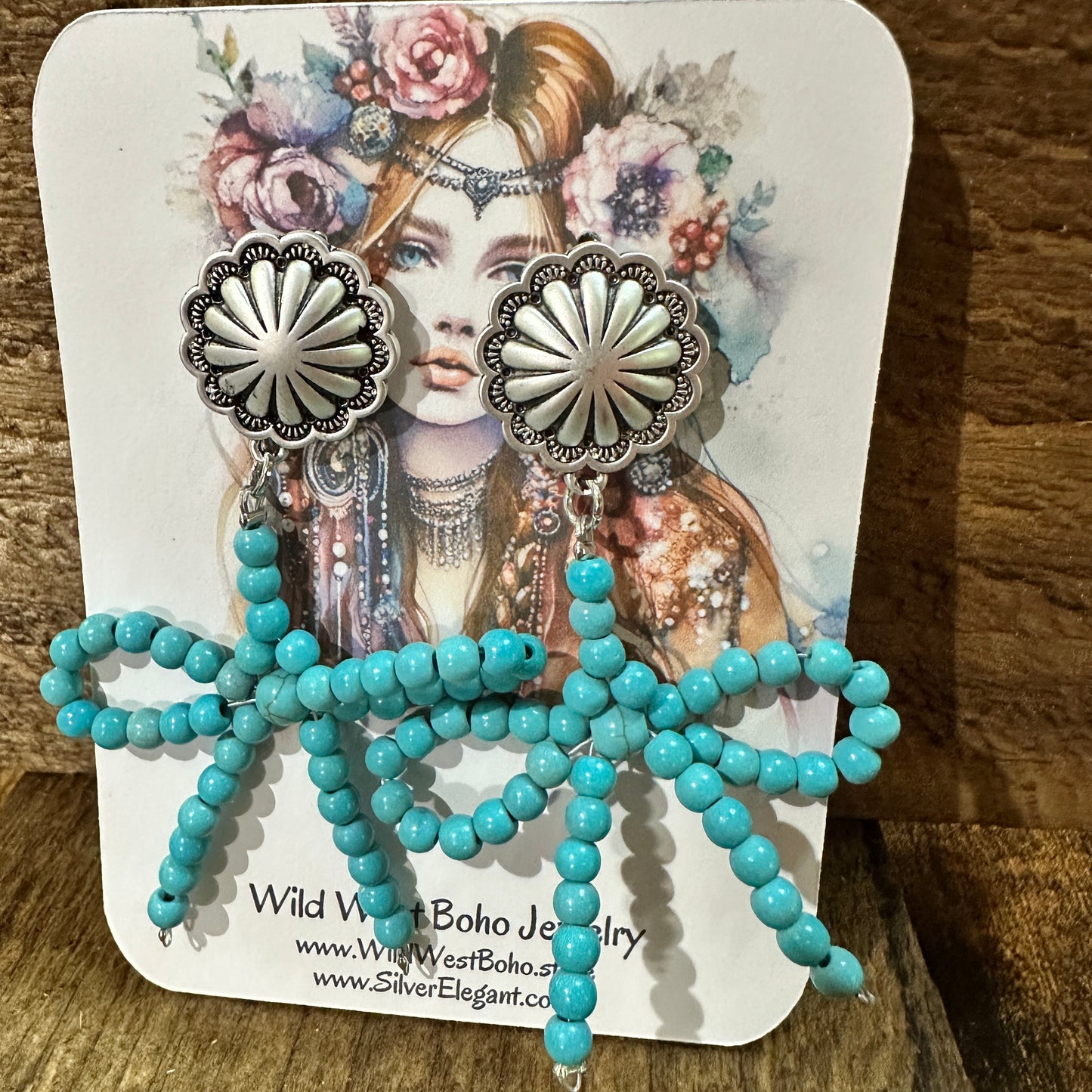 Handmade Ribbon Bow Post Earrings with Turquoise Beads, Western Boho, Ships in Gift Box Silver Elegant