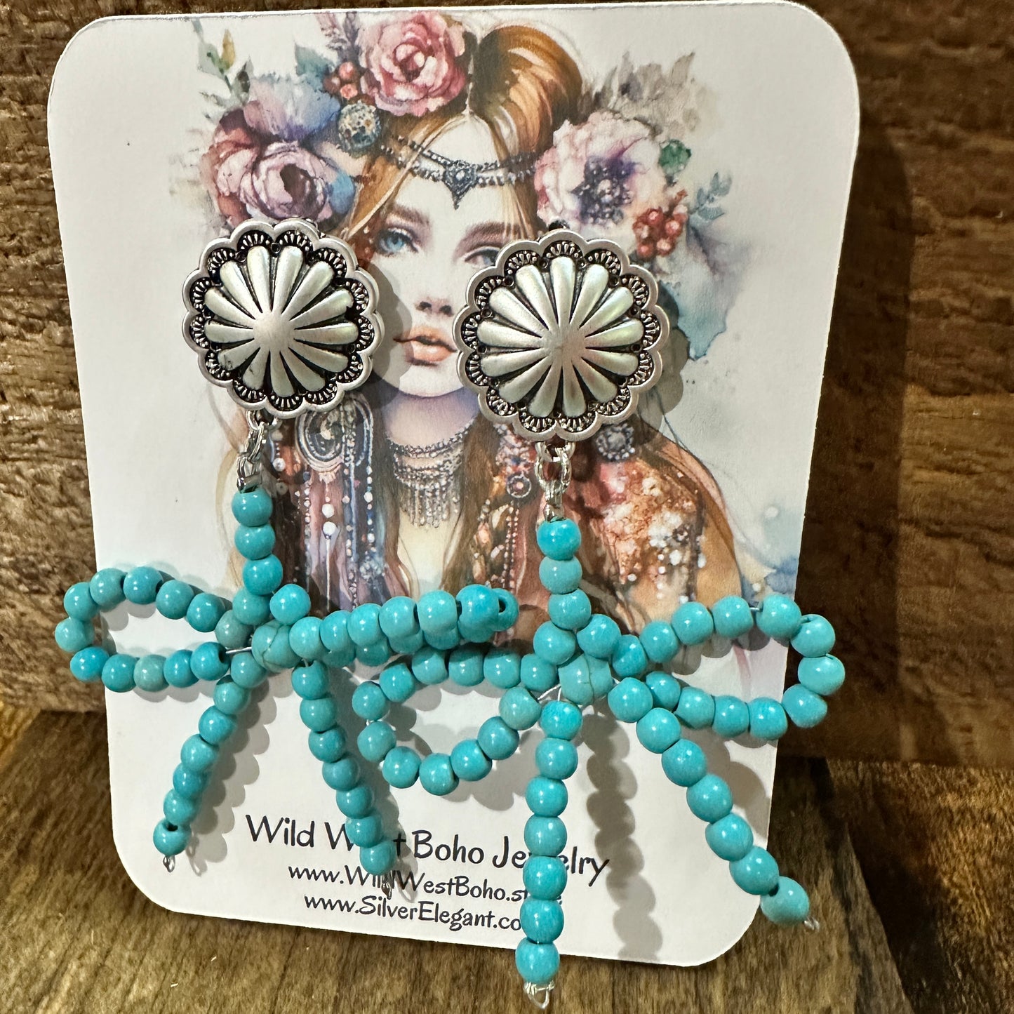 Handmade Ribbon Bow Post Earrings with Turquoise Beads, Western Boho, Ships in Gift Box Silver Elegant
