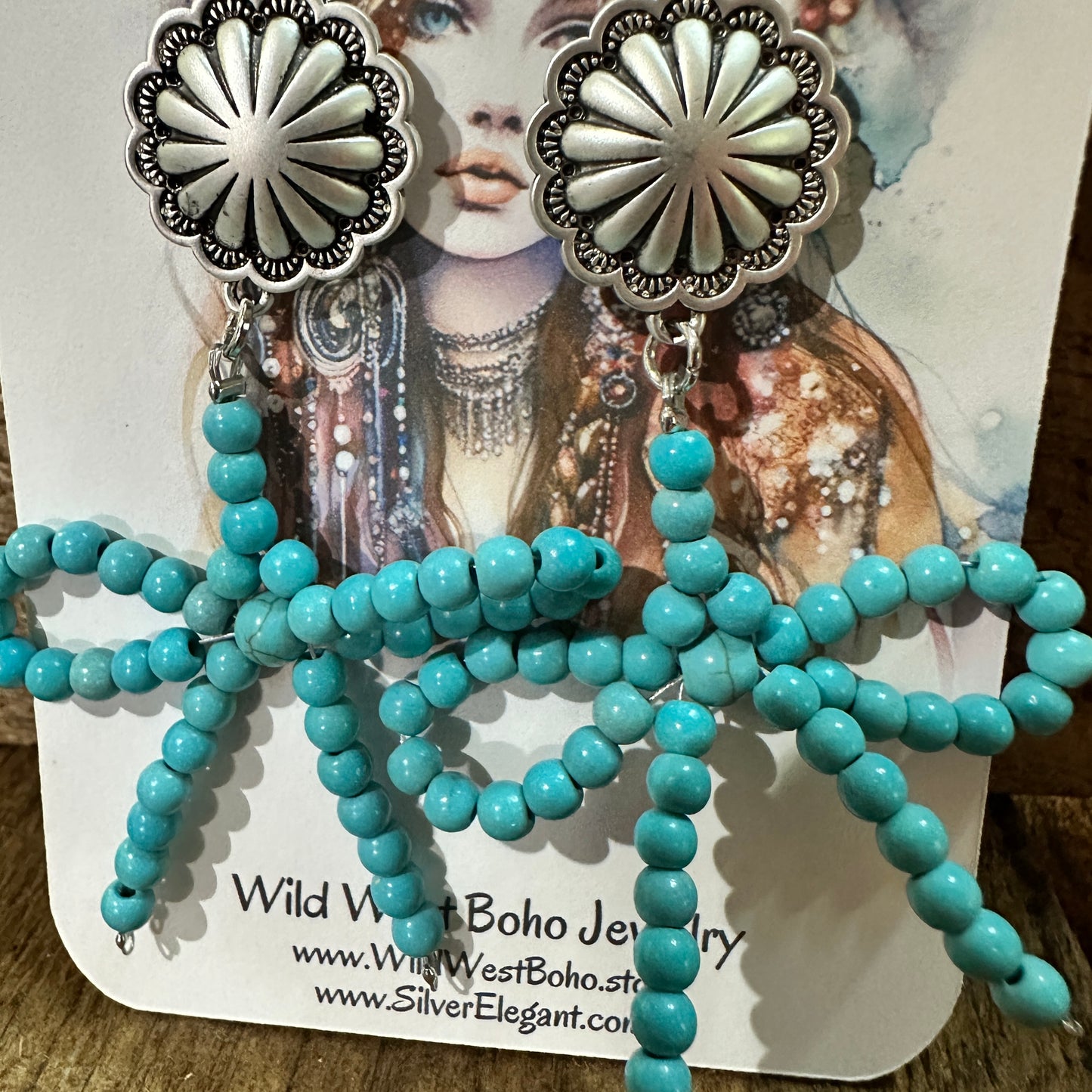 Handmade Ribbon Bow Post Earrings with Turquoise Beads, Western Boho, Ships in Gift Box Silver Elegant