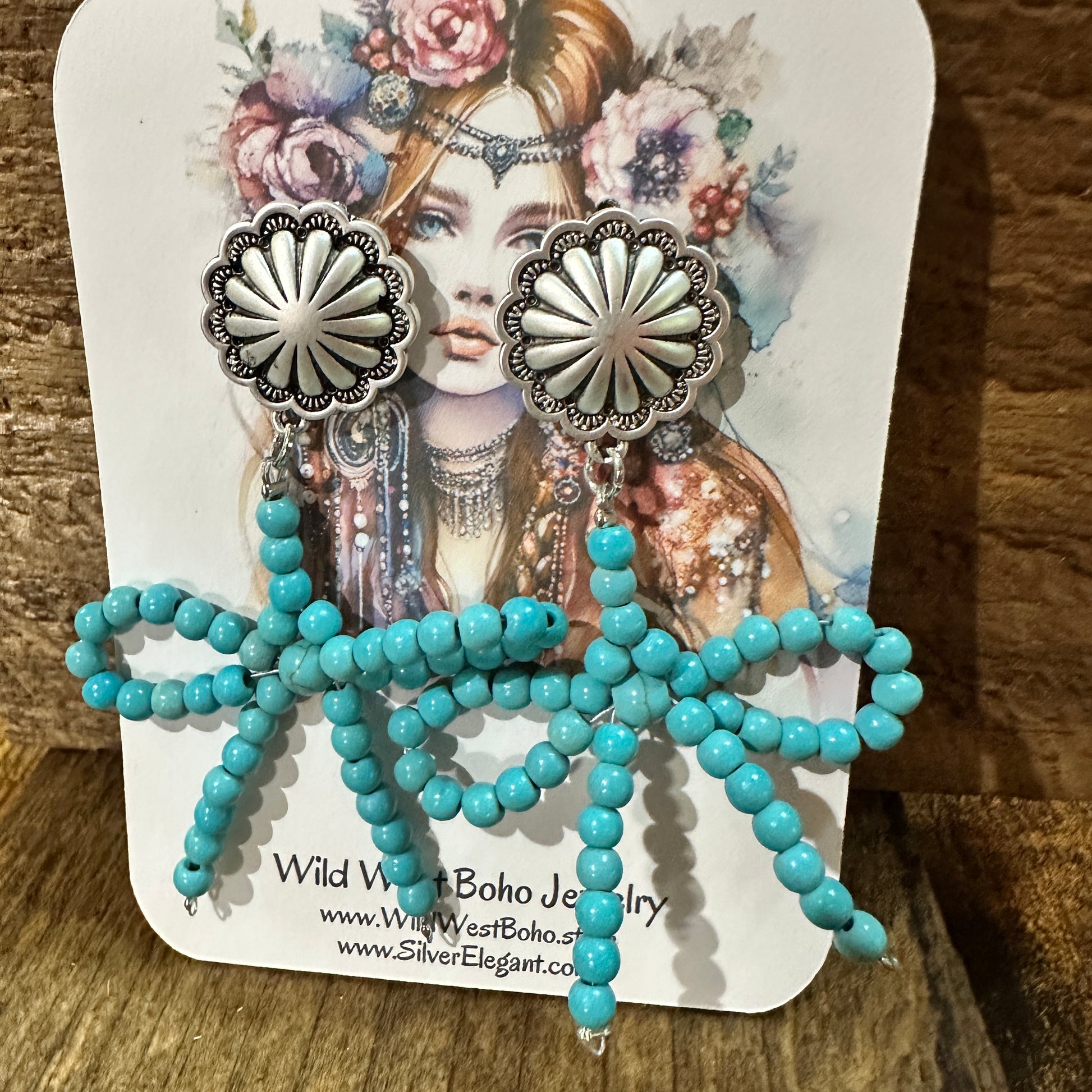 Handmade Ribbon Bow Post Earrings with Turquoise Beads, Western Boho, Ships in Gift Box Silver Elegant
