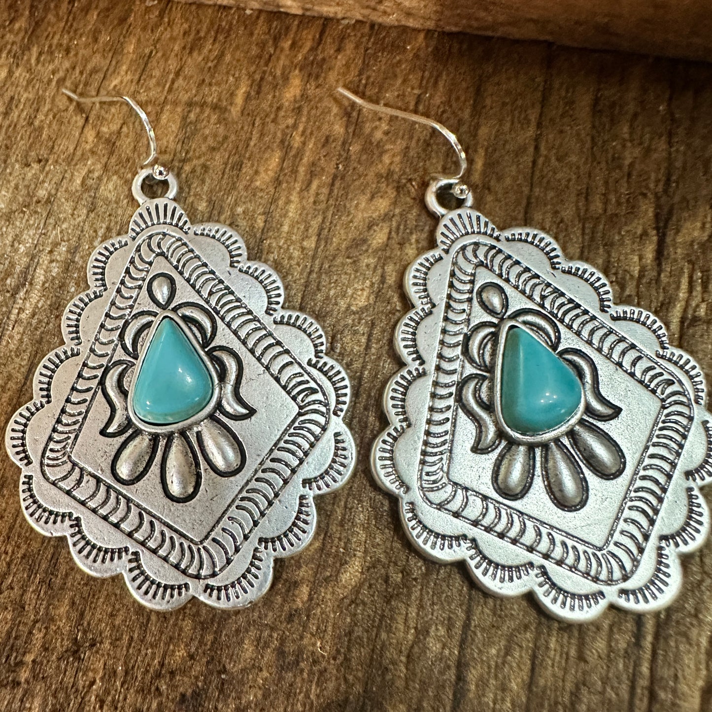 721034 Concho Turquoise Earrings - 2 Inch Long Beauty Silver Elegant