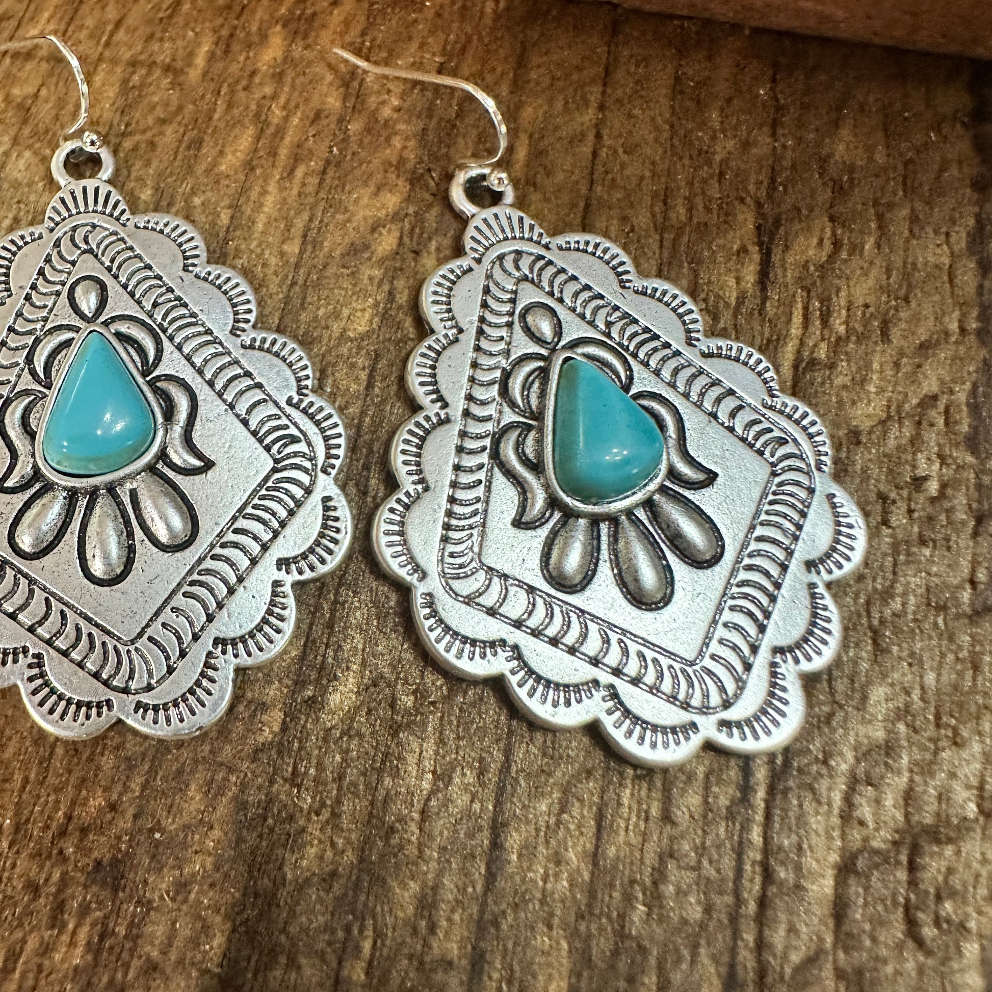 721034 Concho Turquoise Earrings - 2 Inch Long Beauty Silver Elegant