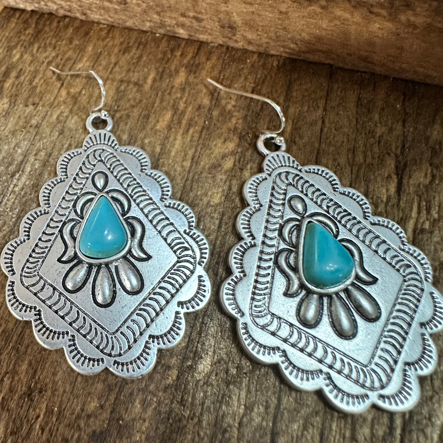 721034 Concho Turquoise Earrings - 2 Inch Long Beauty Silver Elegant