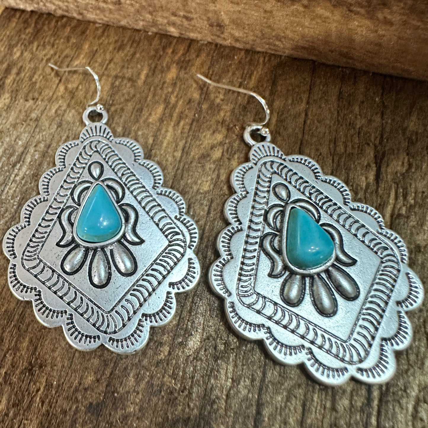 721034 Concho Turquoise Earrings - 2 Inch Long Beauty Silver Elegant