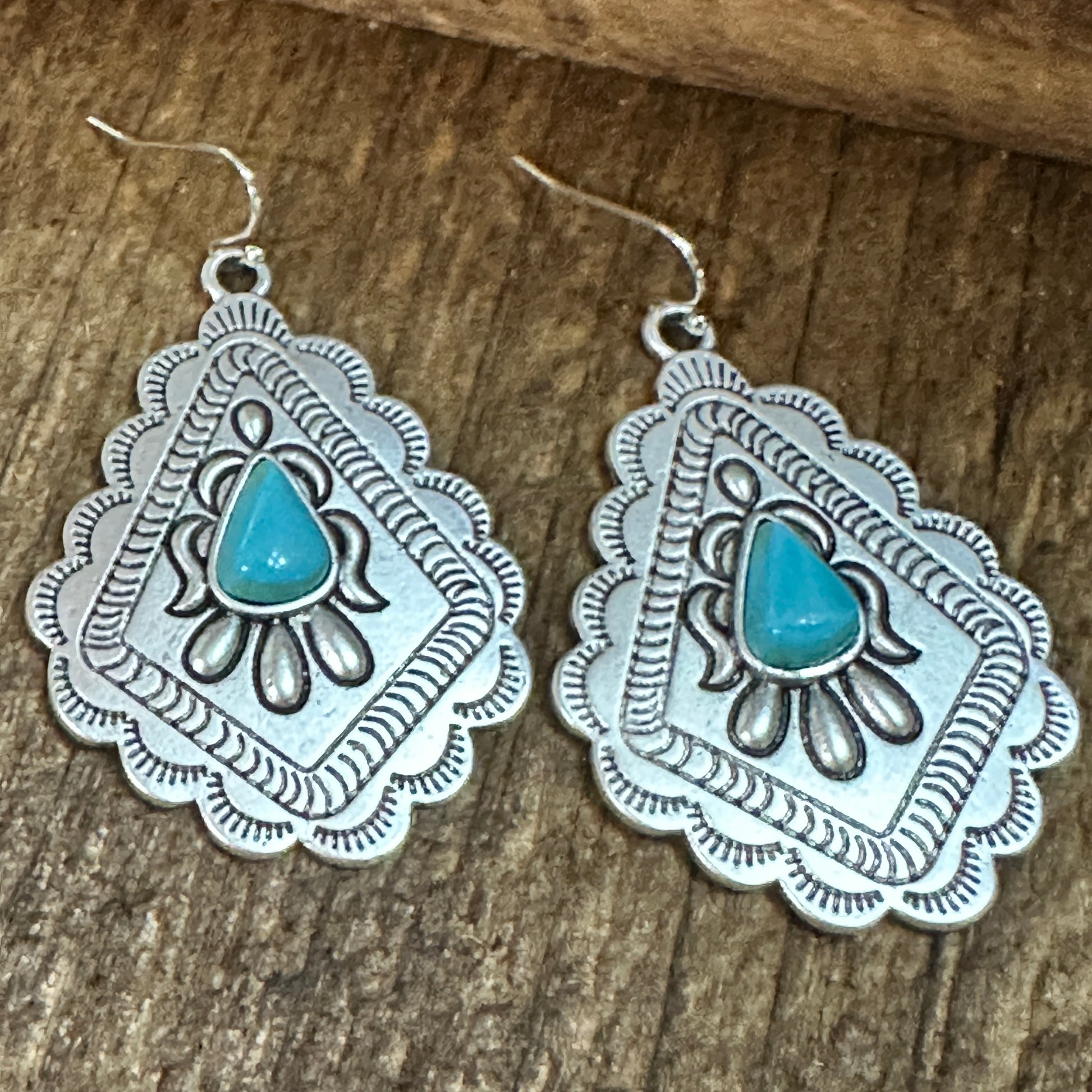 721034 Concho Turquoise Earrings - 2 Inch Long Beauty Silver Elegant