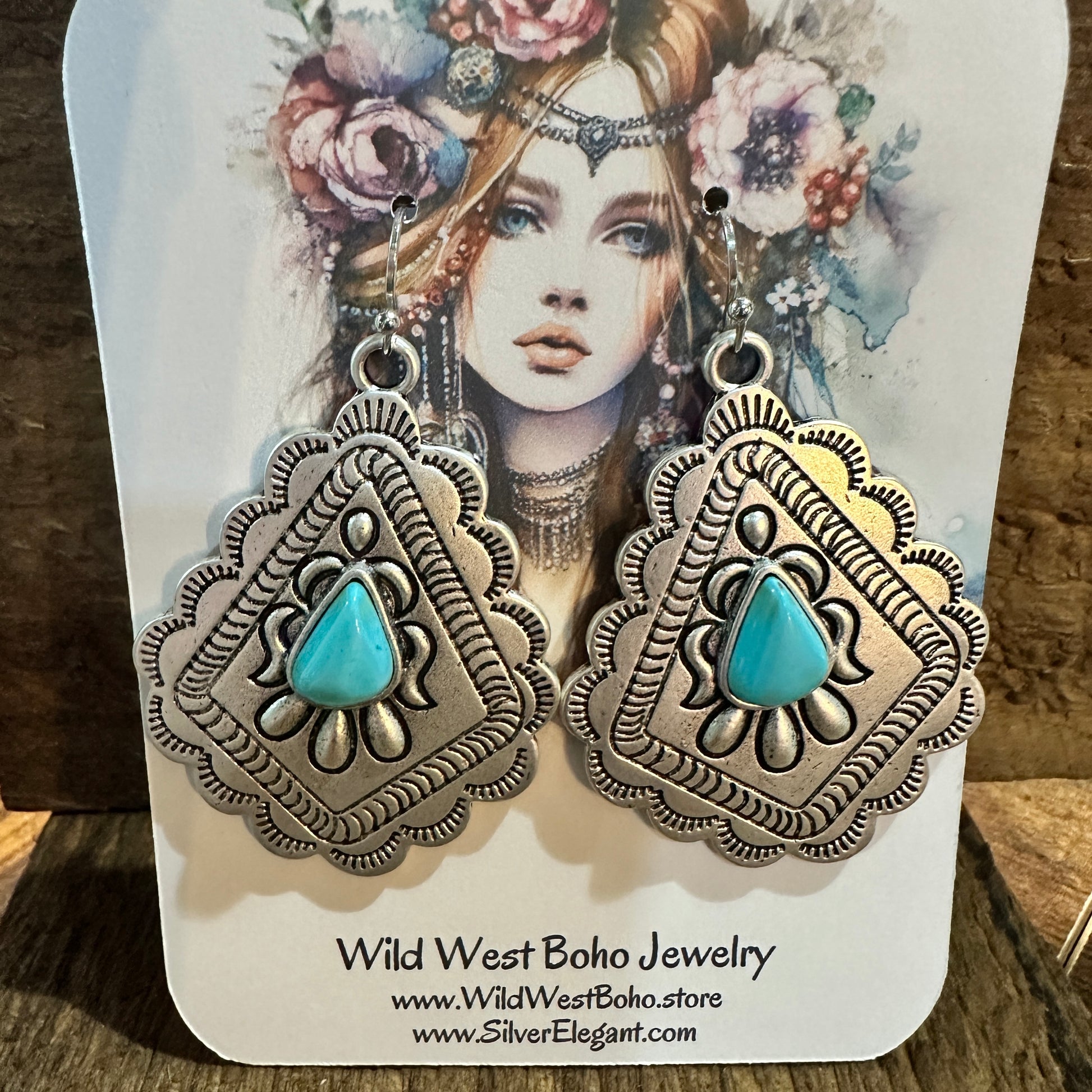 721034 Concho Turquoise Earrings - 2 Inch Long Beauty Silver Elegant