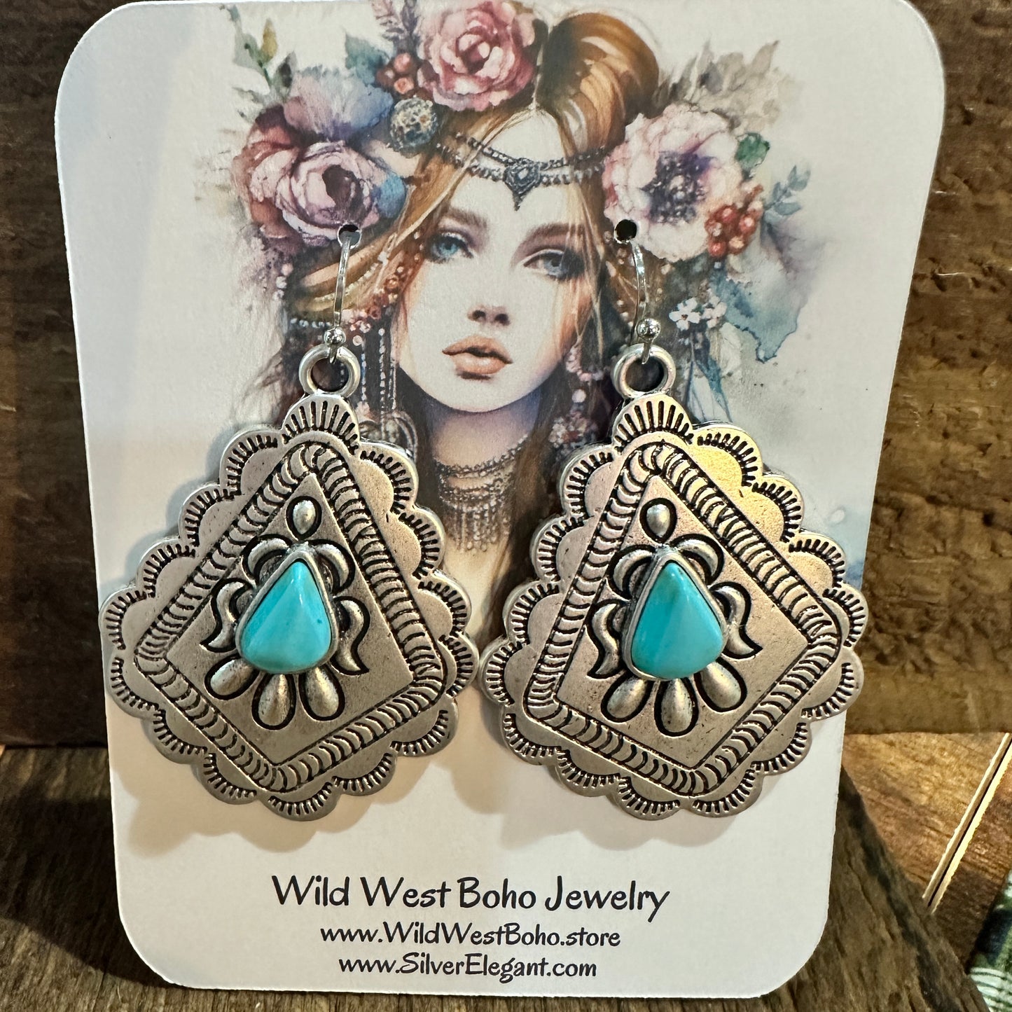 721034 Concho Turquoise Earrings - 2 Inch Long Beauty Silver Elegant