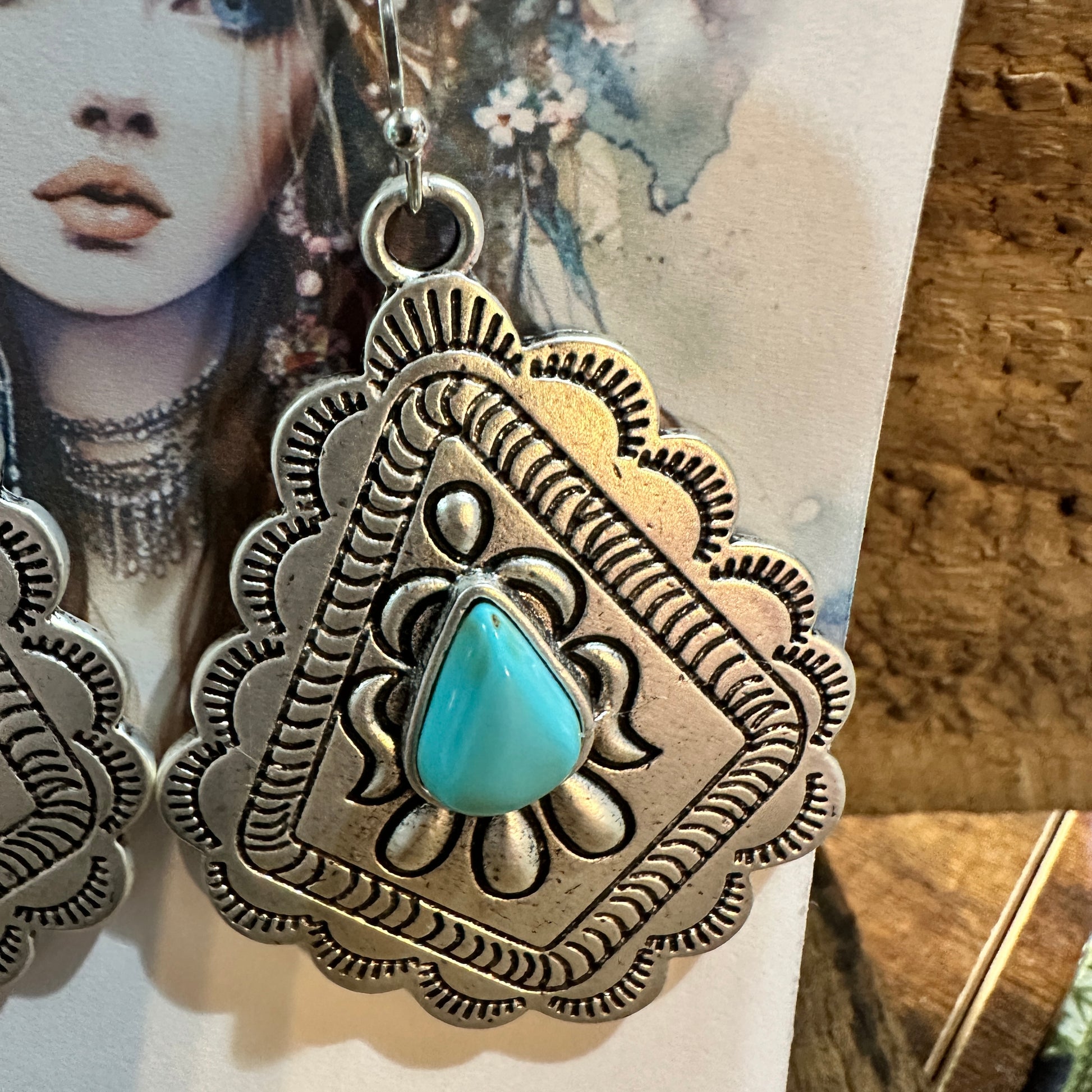 721034 Concho Turquoise Earrings - 2 Inch Long Beauty Silver Elegant