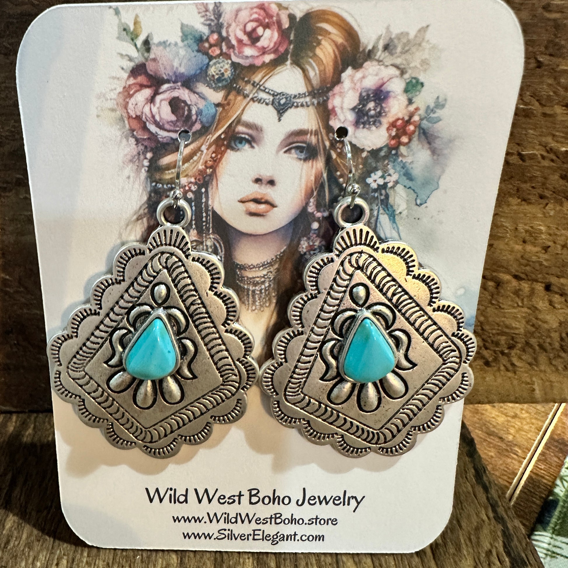 721034 Concho Turquoise Earrings - 2 Inch Long Beauty Silver Elegant