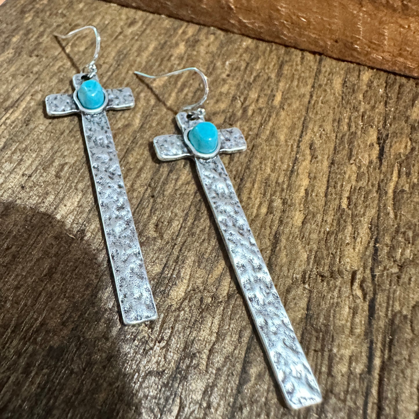 Cross Turquoise Earrings with Hammered Design, Southwestern Religion Earring Silver Elegant