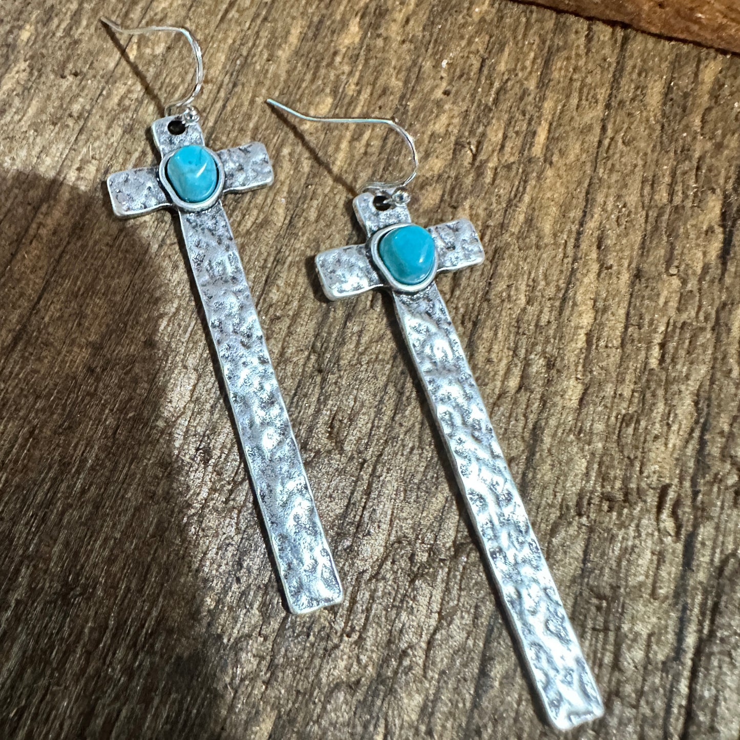 Cross Turquoise Earrings with Hammered Design, Southwestern Religion Earring Silver Elegant