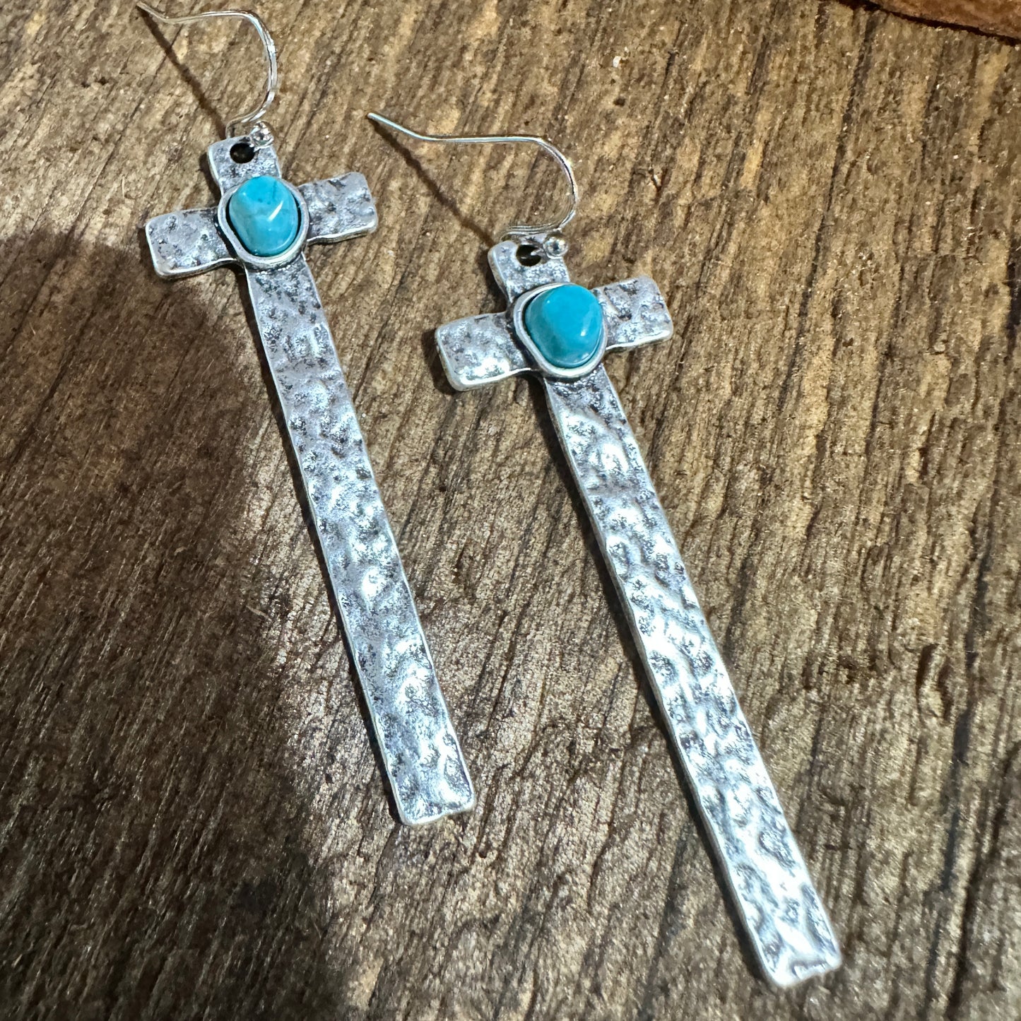 Cross Turquoise Earrings with Hammered Design, Southwestern Religion Earring Silver Elegant