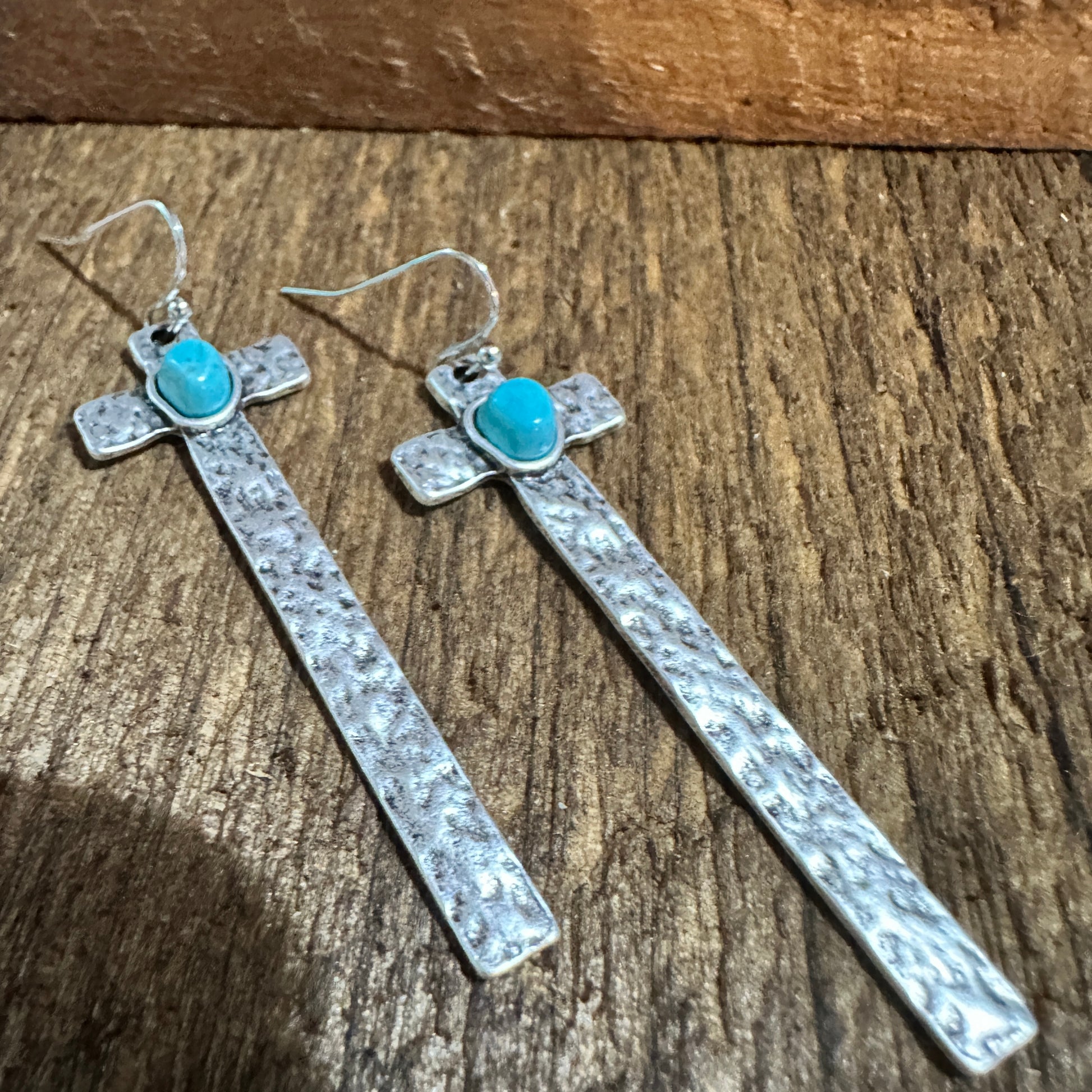 Cross Turquoise Earrings with Hammered Design, Southwestern Religion Earring Silver Elegant