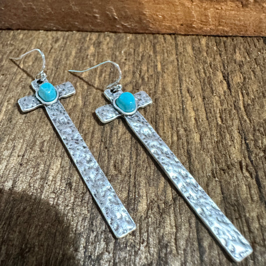 Cross Turquoise Earrings with Hammered Design, Southwestern Religion Earring Silver Elegant