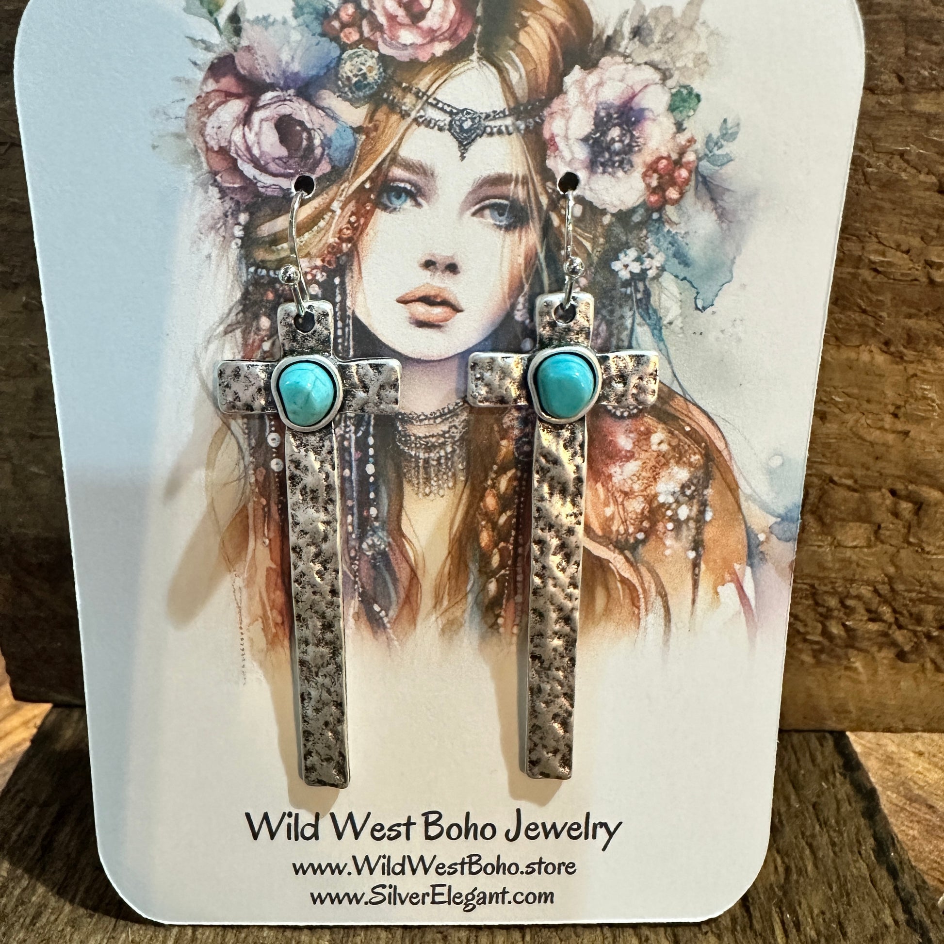 Cross Turquoise Earrings with Hammered Design, Southwestern Religion Earring Silver Elegant