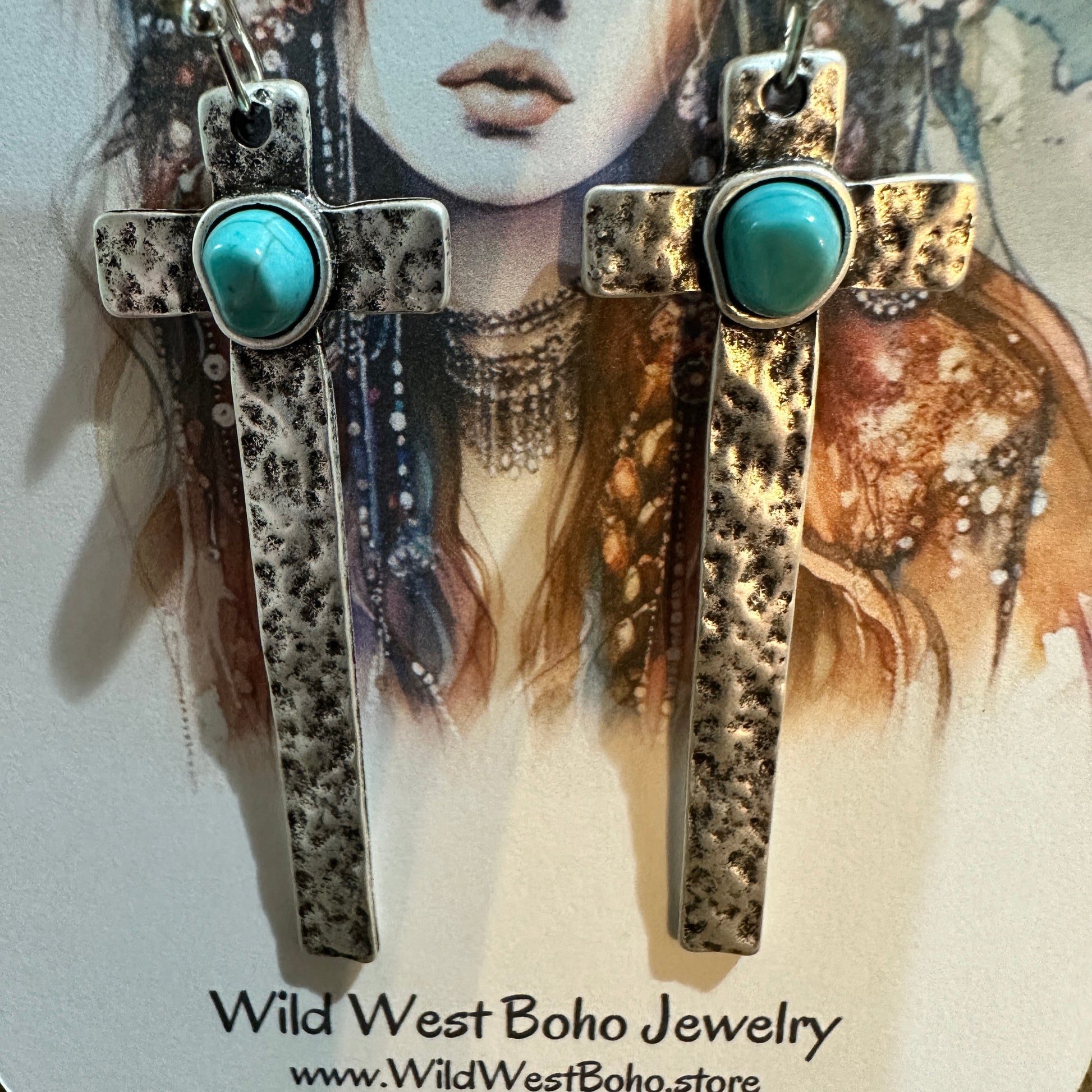 Cross Turquoise Earrings with Hammered Design, Southwestern Religion Earring Silver Elegant