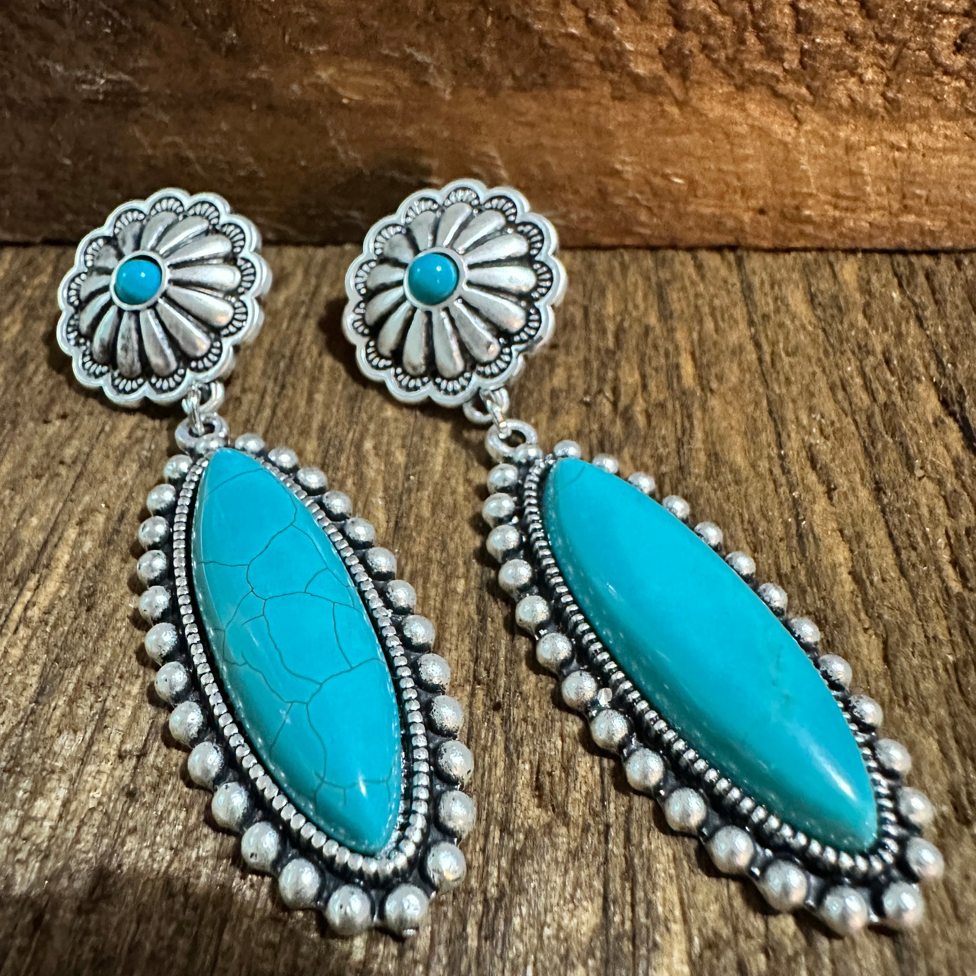 Turquoise Concho Stud Drop Earrings, Native American Design, Ships in Gift Box Silver Elegant