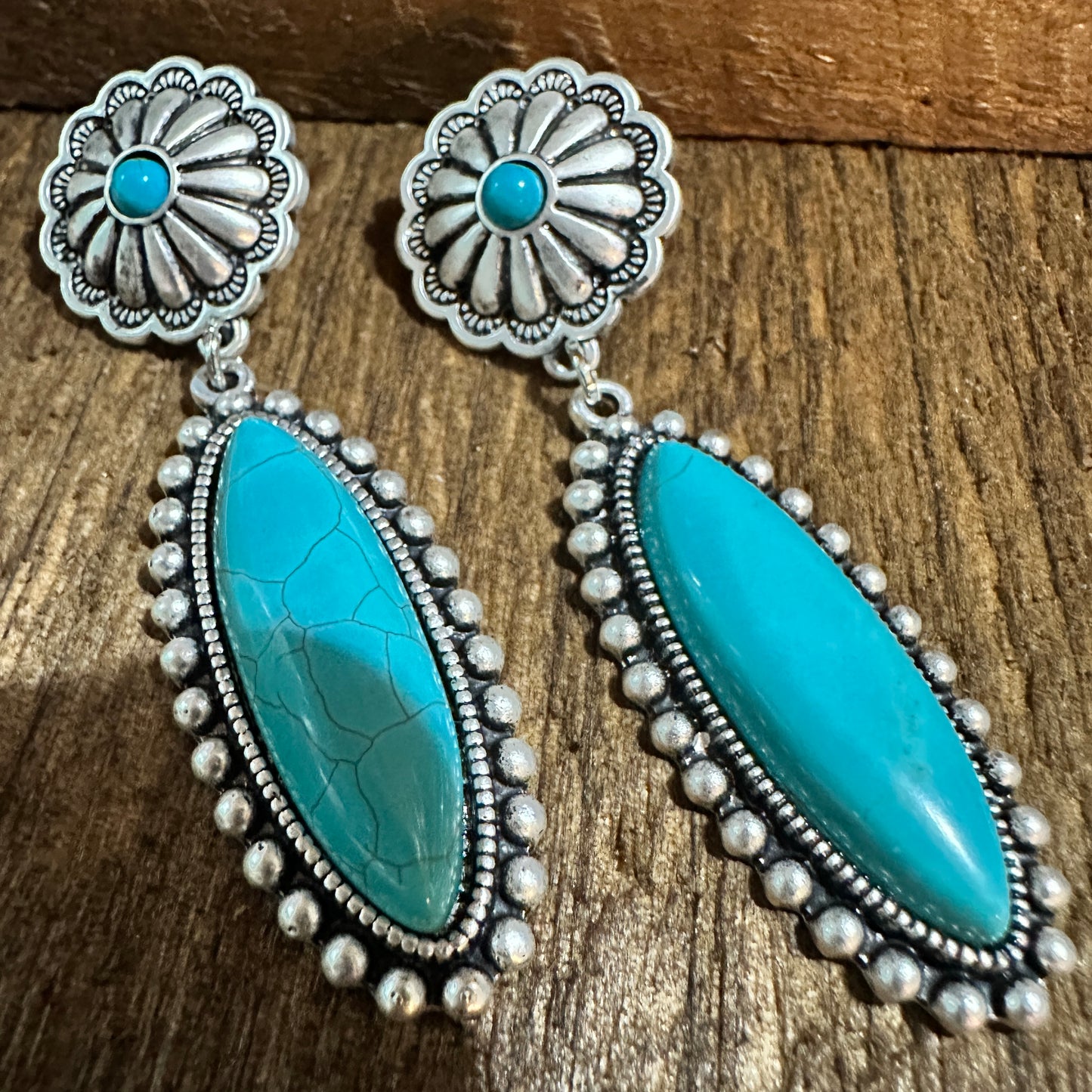 Turquoise Concho Stud Drop Earrings, Native American Design, Ships in Gift Box Silver Elegant
