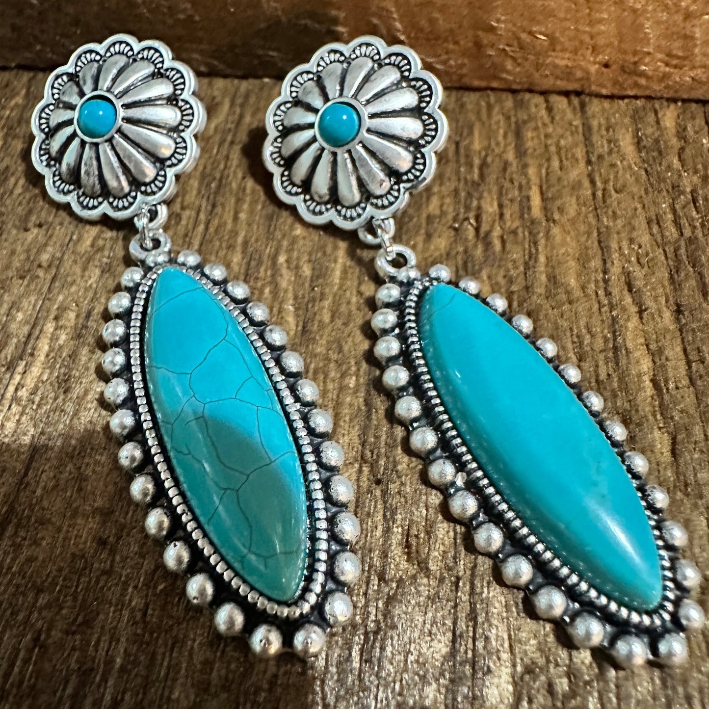 Turquoise Concho Stud Drop Earrings, Native American Design, Ships in Gift Box Silver Elegant