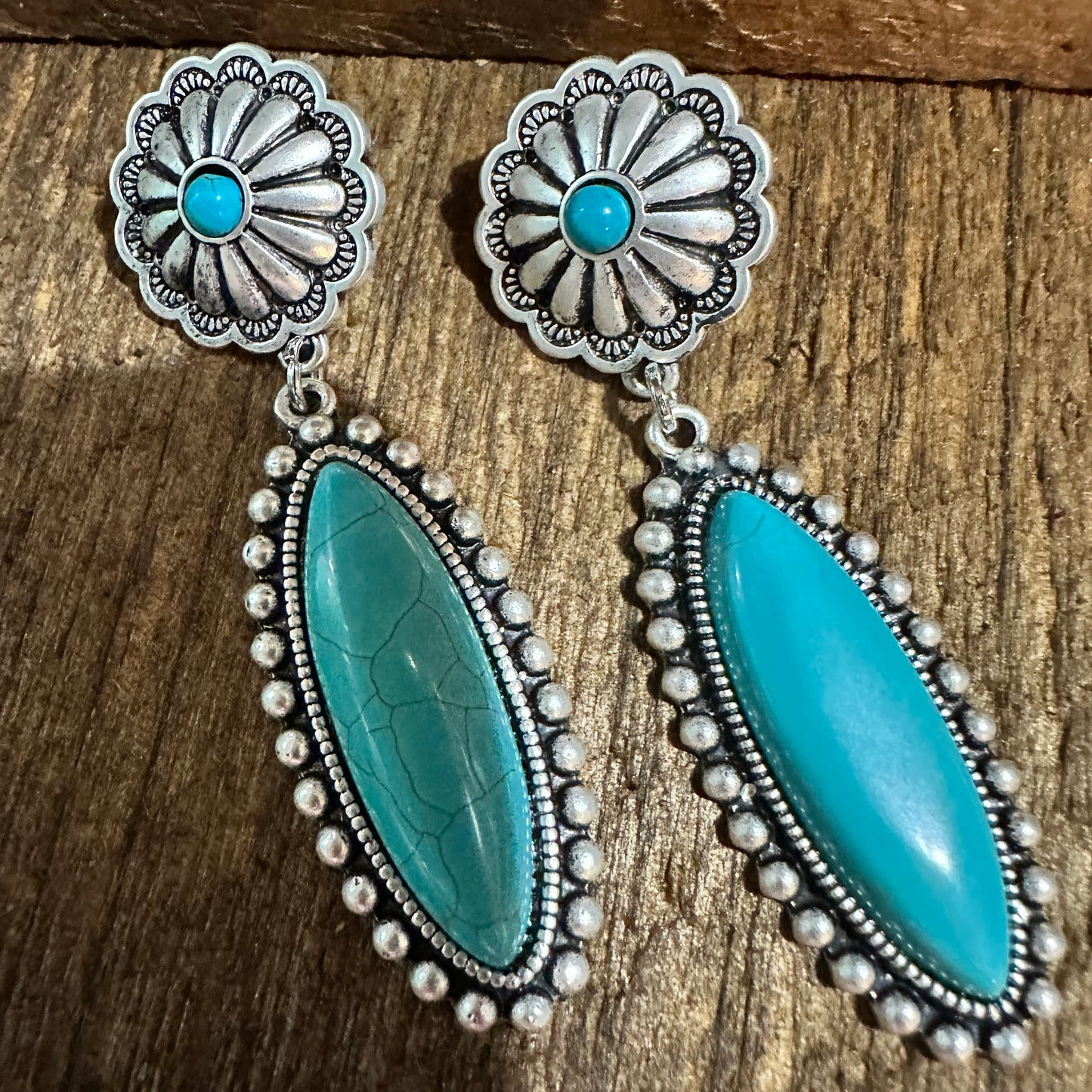 Turquoise Concho Stud Drop Earrings, Native American Design, Ships in Gift Box Silver Elegant