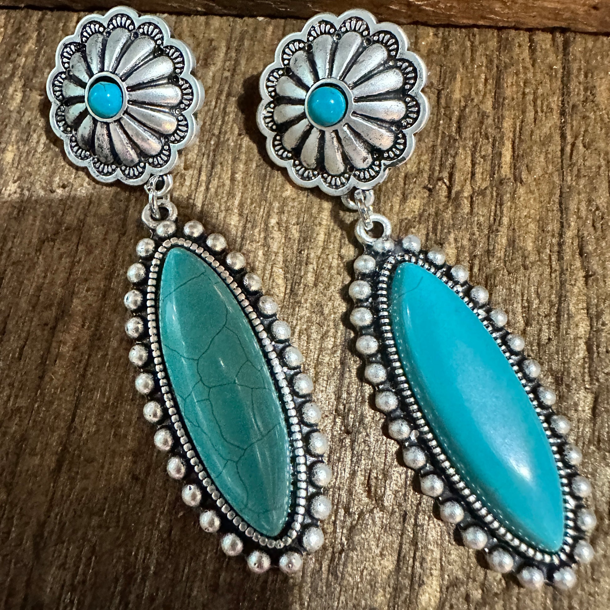Turquoise Concho Stud Drop Earrings, Native American Design, Ships in Gift Box Silver Elegant