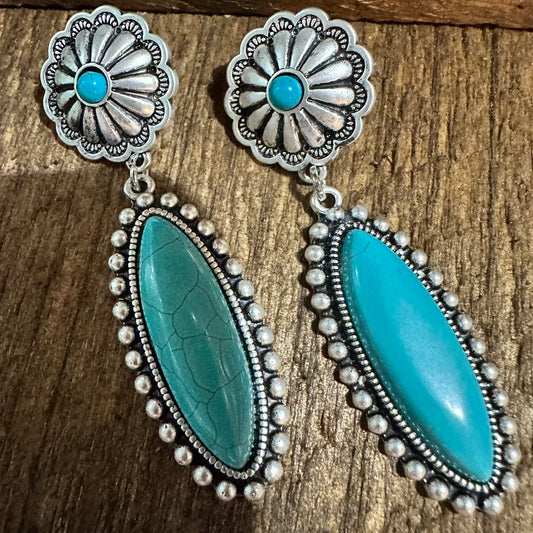 Turquoise Concho Stud Drop Earrings, Native American Design, Ships in Gift Box Silver Elegant
