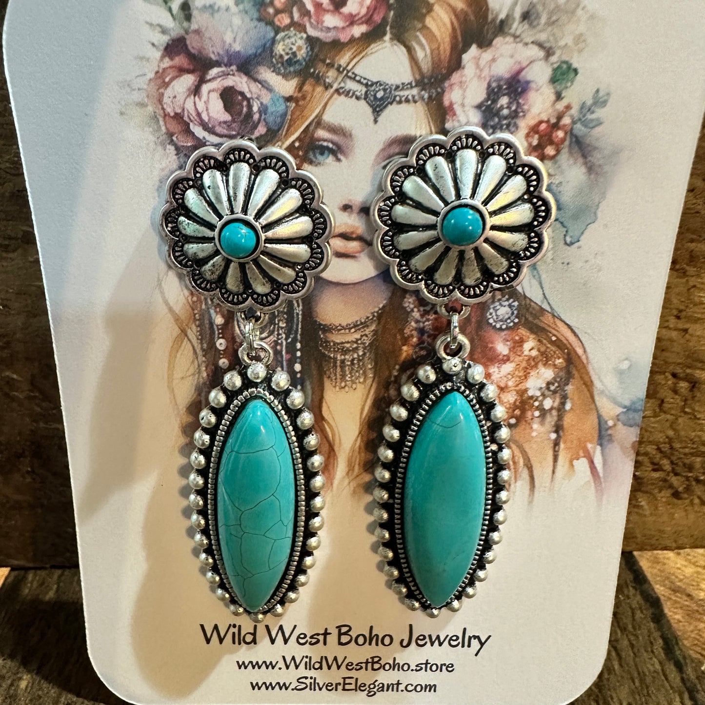 Turquoise Concho Stud Drop Earrings, Native American Design, Ships in Gift Box Silver Elegant