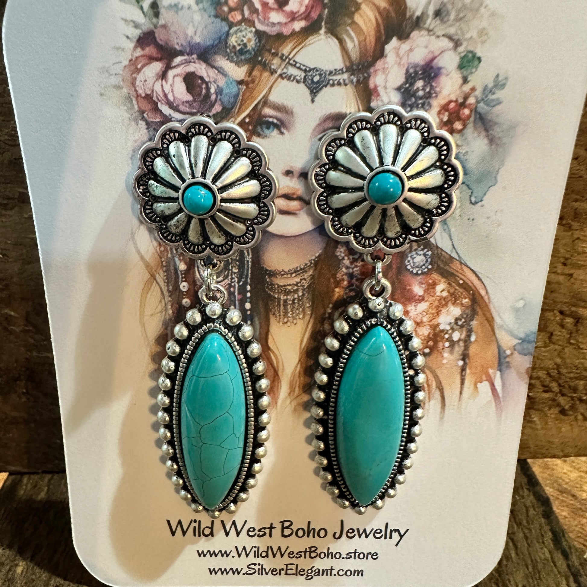 Turquoise Concho Stud Drop Earrings, Native American Design, Ships in Gift Box Silver Elegant