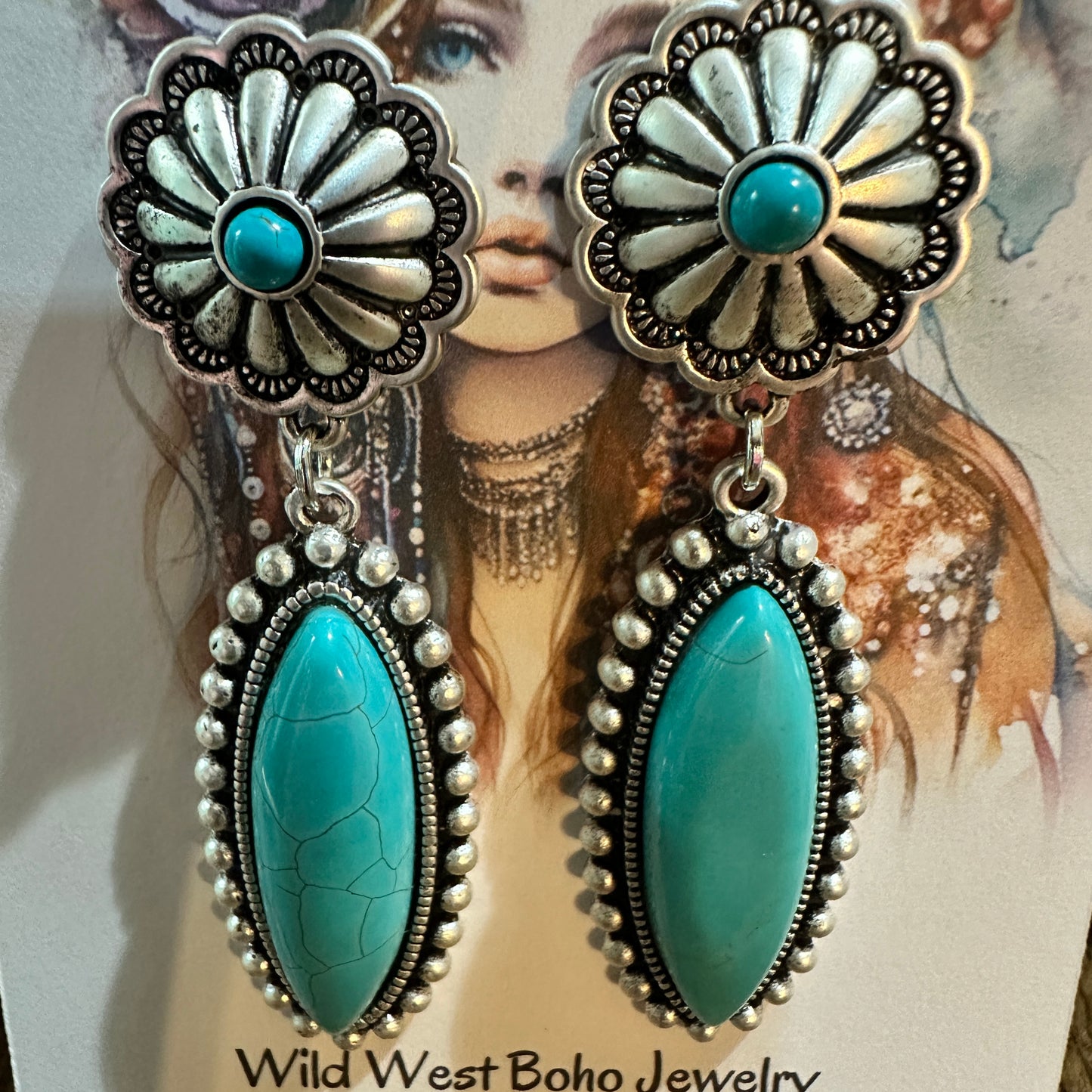 Turquoise Concho Stud Drop Earrings, Native American Design, Ships in Gift Box Silver Elegant