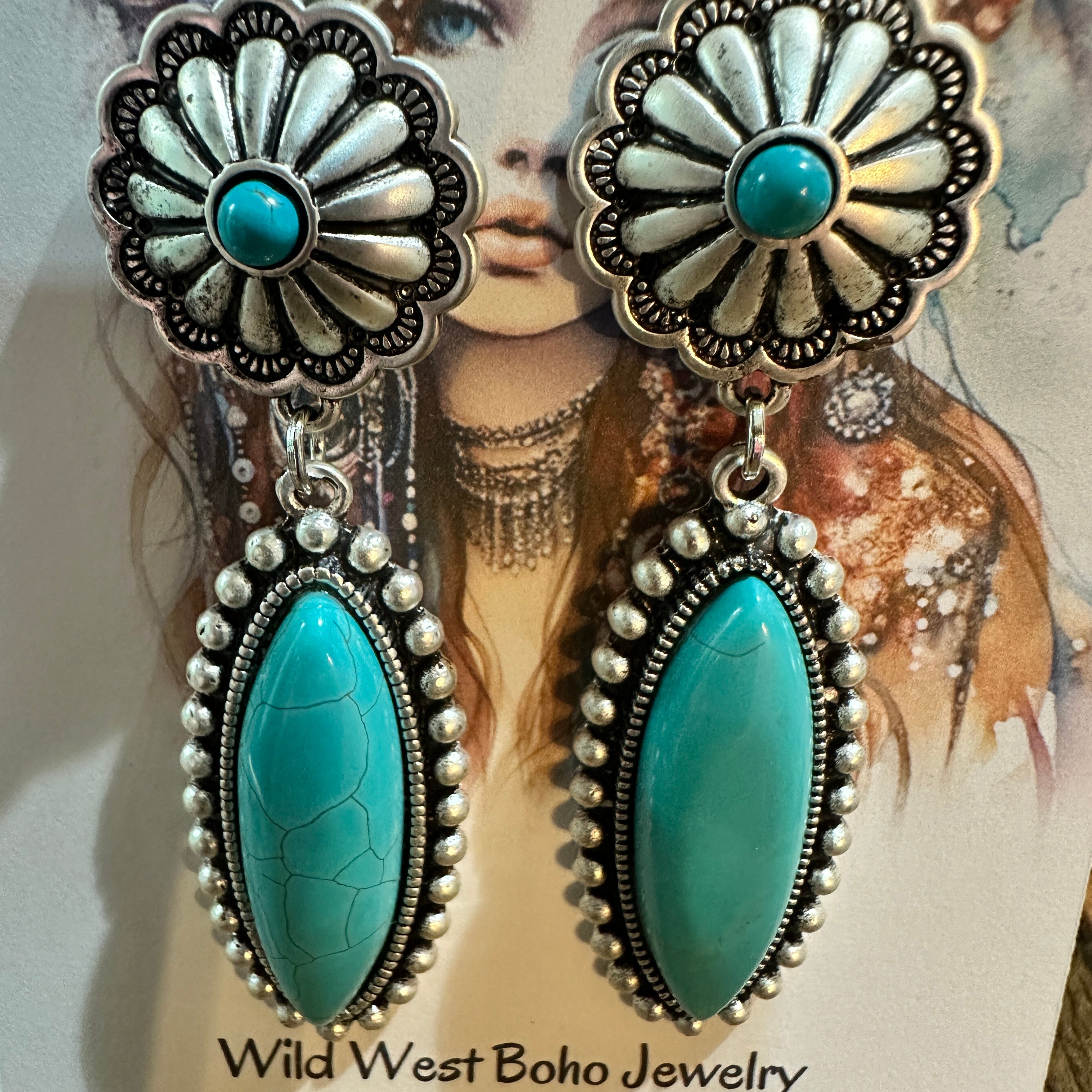 Turquoise Concho Stud Drop Earrings, Native American Design, Ships