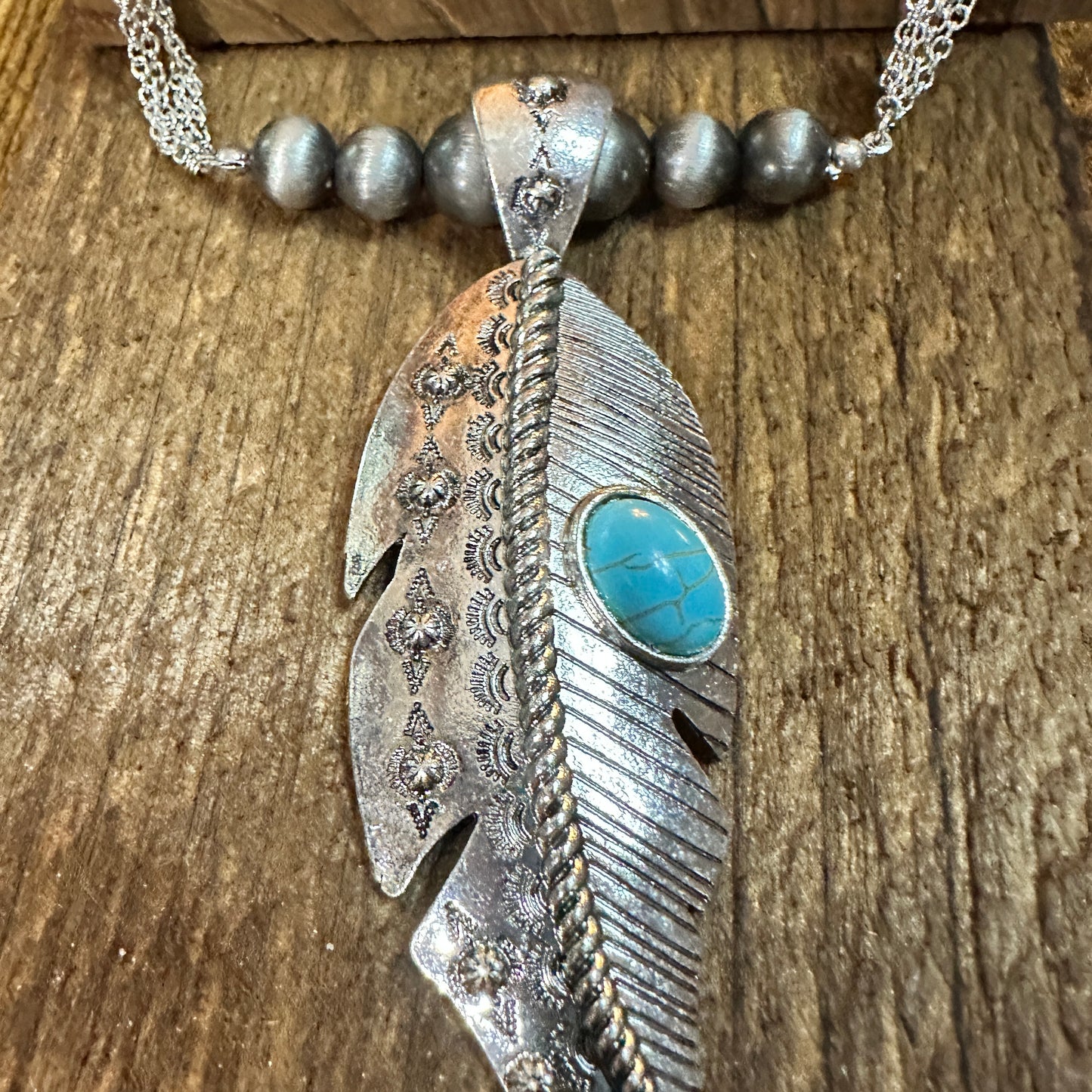 Large Feather Pendant Western Necklace and Earrings Set Silver Elegant