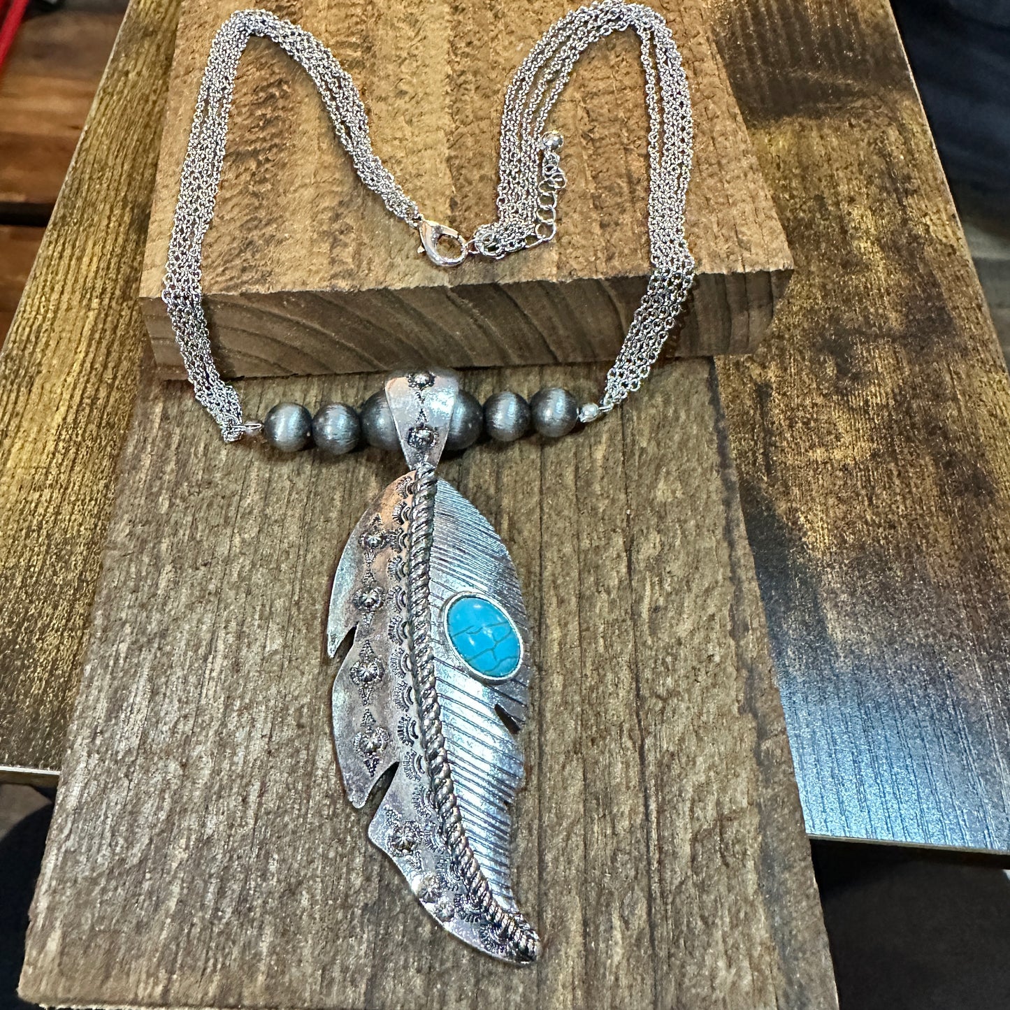 Large Feather Pendant Western Necklace and Earrings Set Silver Elegant